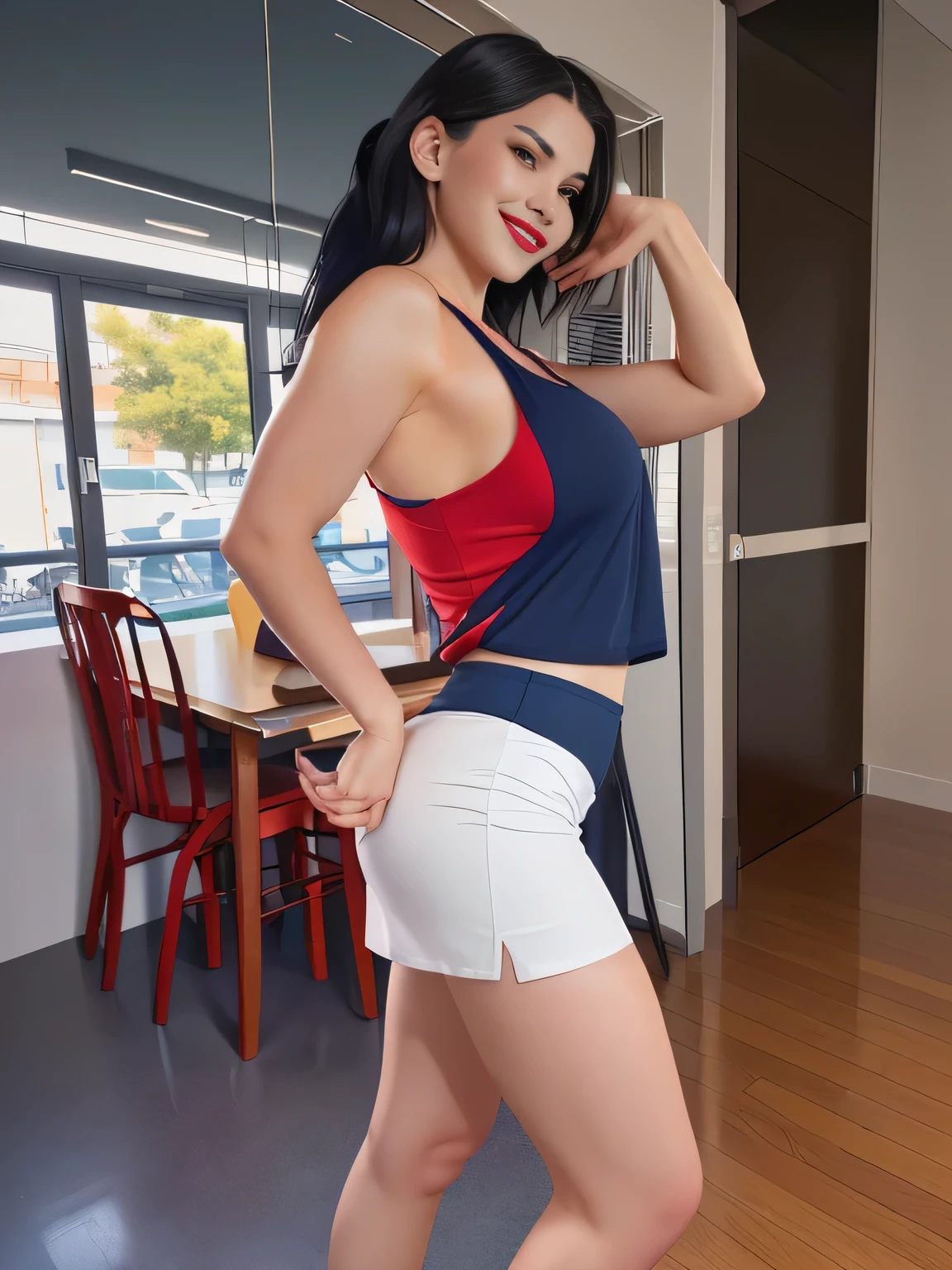 there is a beautiful woman with white skin and dark hair, standing in a room with a table and chairs, side pose, side view of her taking steps, running pose, shot on nikon d3200, leg and hip photo, proper photo, miniskirt, posing and flexing, internal photo, side photo, full body photo, sports physique, attacking the camera: 4, taken with sony a7r camera, side pose, red tank top and dark blue shorts, in shorts, side photo, tight photo, portrait side, outfit photo, wearing a red tank top and black mini skirt, with a shiny black skirt, a shiny red tank top and sports shorts, dressed in a tank top and high-waisted shorts. A woman with white skin, she is around 40 years old and has dark hair, charming, seems to contain a world of wonders and her face is the definition of beauty, highly realistic, reddish skin, beautiful, slightly full lips, red lipstick, smiling, feeling of lightness and joy, hyperrealism, very elaborate skin, full body photo, sharp photo, high quality, high resolution, masterpiece, high quality, masterpiece, (photographically realistic) HD, high contrast, masterpiece of 16K:1.3, high resolution, (photographically realistic), NUDE, NUDITY, NFSW.