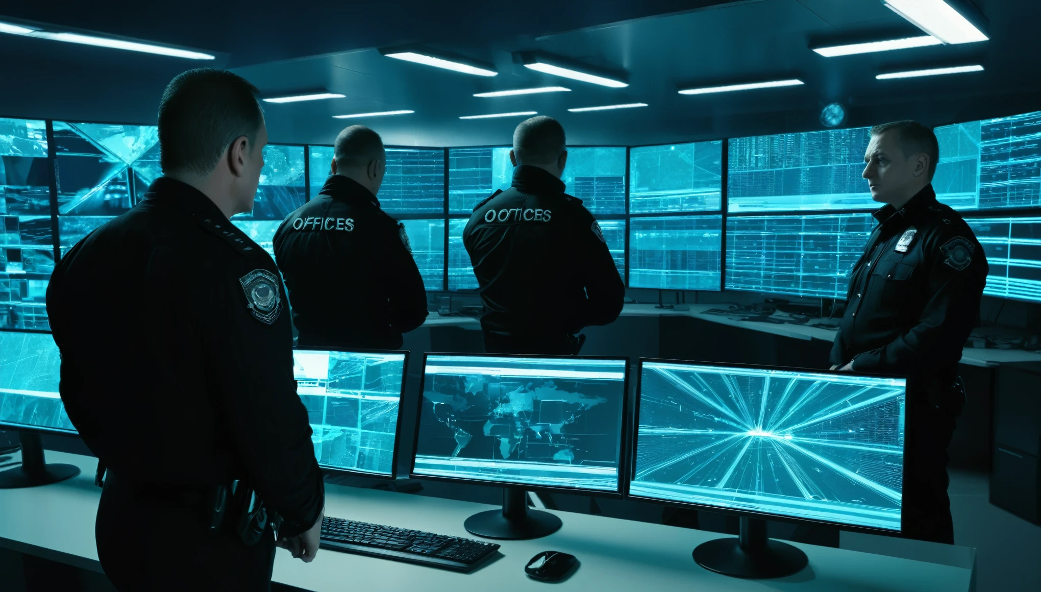 Surveillance room, officers checking monitors,criminals on screen,high detailing,ultra details,