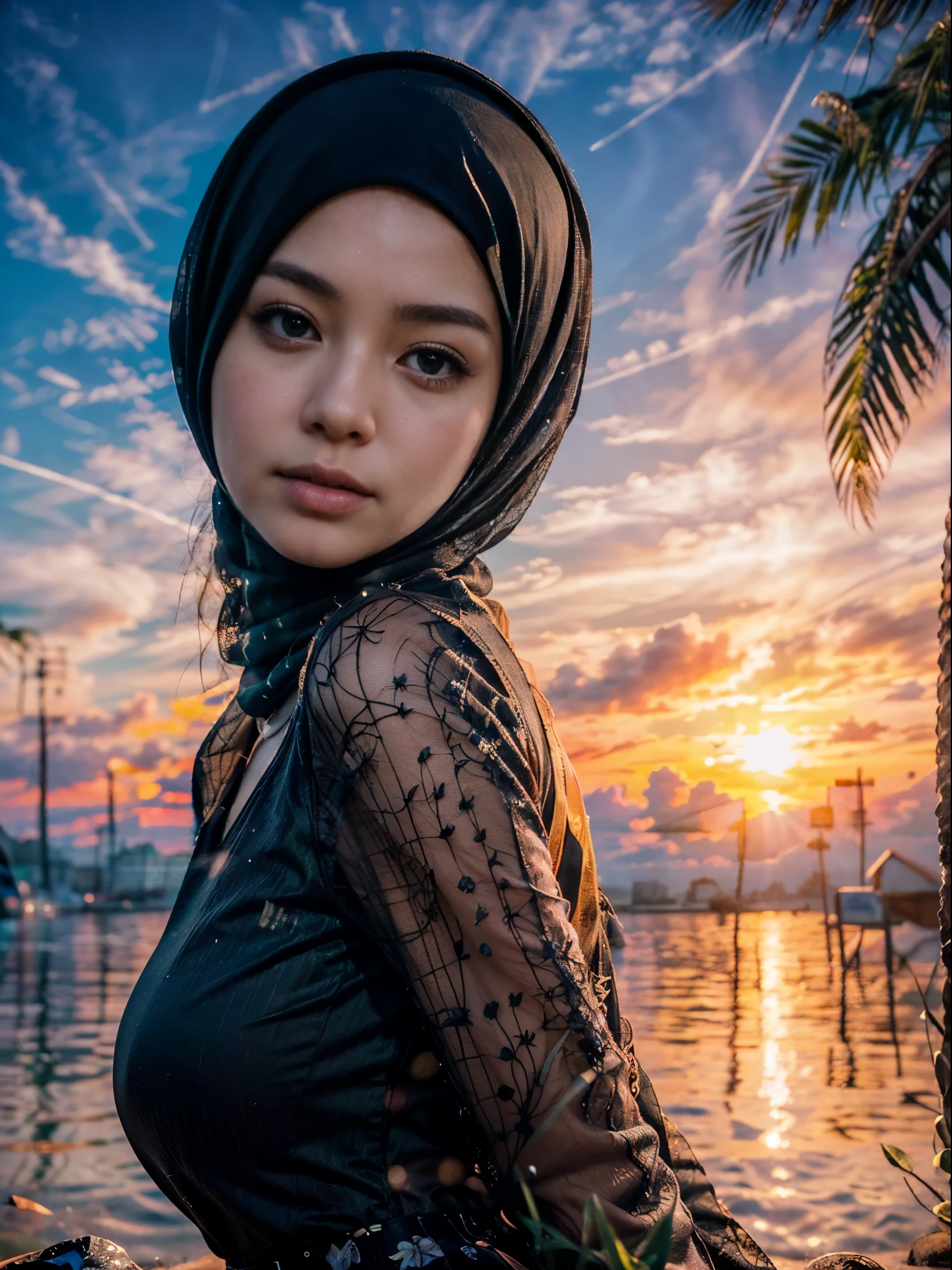 Photorealistic, (close-up:1.3, exposed face), wideangle, (seen from forward:1.2), in frame, a japanese young woman, ((hijab girl likeness:1.3, long sleeve dress with long skirt)), a hyperrealistic beautiful young girls with green eyes, high detailed official artwork, beautiful girls, attractive young woman, (atractive poses:1.3), (posing down:1.2), on the sand on the (sunset beach:1.2), surrounded by palm trees, natural background, dubnitskiy david fanart, realistic portrait, smooth photorealistic, perfect visual of a cute girls, cute girls with round face, face focus, makoto shinkai and artgerm, photon mapping, natural light, warm color tones, vivid colors, cool ambient, foggy atmosphere