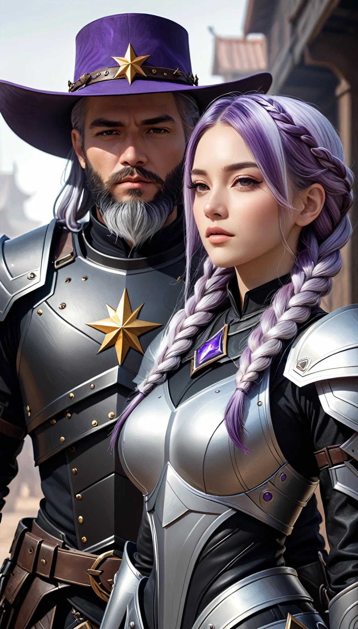 there is a man and a woman dressed in armor and hats, woman has long white purple gradient hair in a braid, man has black haie and beard, both wearing detailed armor, sci-fi Cryptic Star, concept art by Arthur Pan, Artstation, fantasy art, artgerm ; 3d unreal engine, unreal engine fantasy art, wlop and artgerm, artgerm and wlop, 4 k detail fantasy, fantasy game art, wlop and andrei riabovitchev, (best quality,4k,8k,highres,masterpiece:1.2),ultra-detailed,(realistic,photorealistic,photo-realistic:1.37), cowboy shot,