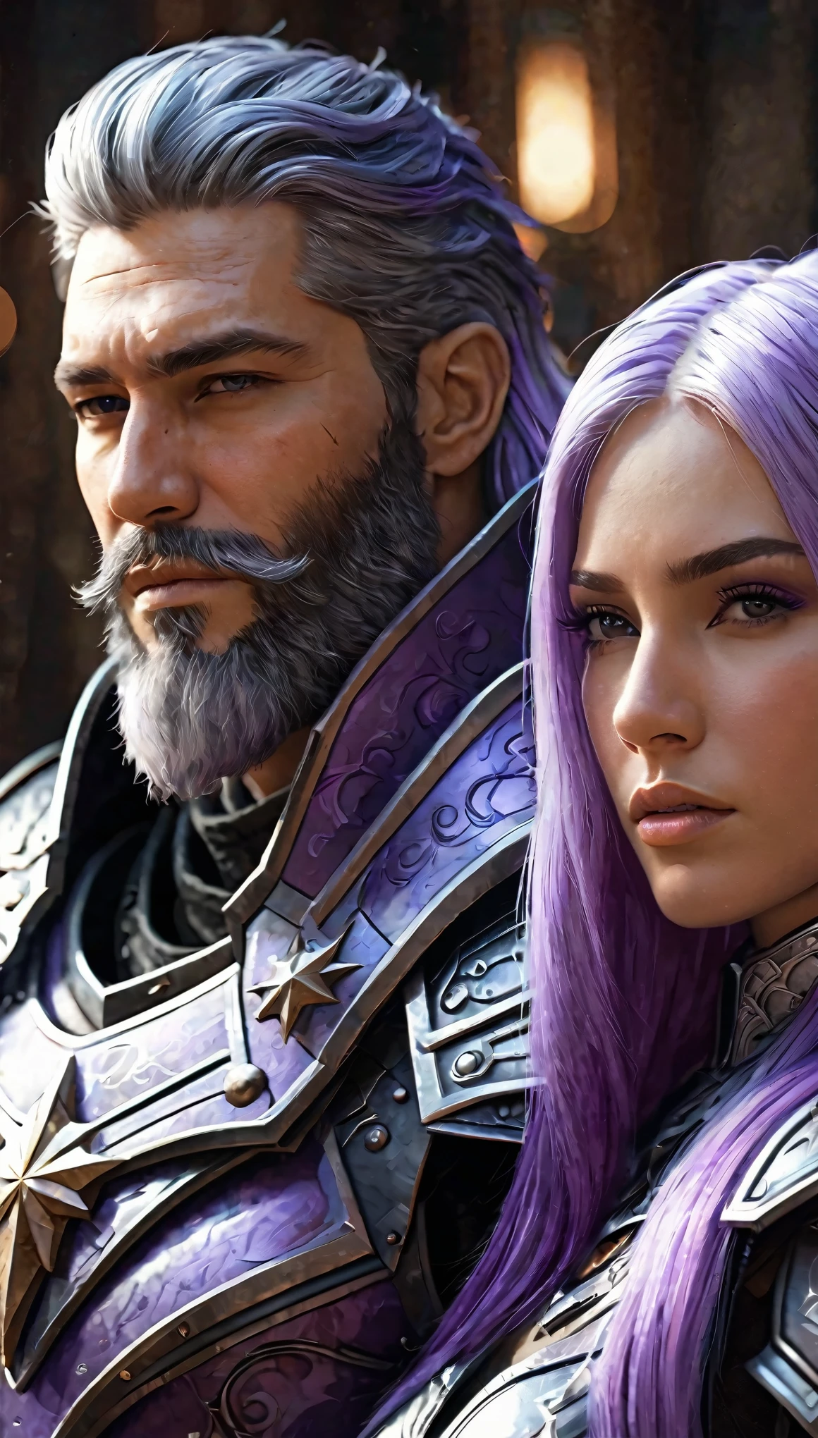 a close up of a person with a beard and a woman with long white purple gradient hair, unreal 5. woman is indifferent,kind, man has scar on face, both wearing detailed armor, sci-fi Cryptic Star,, rpg portrait, epic fantasy art style hd, medieval fantasy game art, fantasy game art, 8k high quality detailed art, cover game art, epic fantasy digital art style, artgerm ; 3d unreal engine, 4 k detail fantasy, epic fantasy art style, (best quality,4k,8k,highres,masterpiece:1.2),ultra-detailed,(realistic,photorealistic,photo-realistic:1.37), cowboy shot,