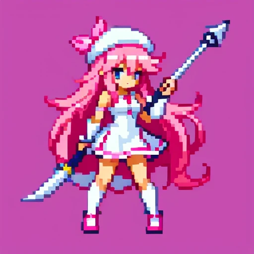 Pixel art, 6-life, full body, facing left, pink and white, holding a spear, magical girl, beret, long hair, Loose and fluffy , showing shoulders