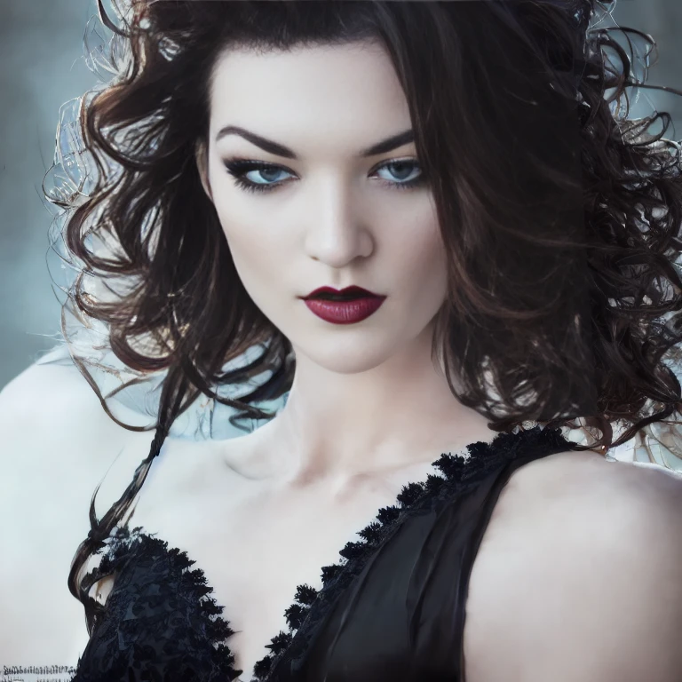 A stunning intricate full color portrait of Stoya as Shelob, pale skin, wearing a black gown, deep cleavage,,  seductive, portrait, by ilya kuvshinov, alessio albi, nina masic, sharp focus, natural lighting, subsurface scattering, f2, 35mm, film grain, woStoya Shelob,  