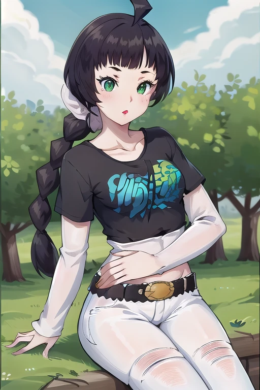 masterpiece, best quality, highres,green eyes,chl1, 1girl, braided_ponytail, (ahoge:1.1), eyelashes, 1girl, solo, black t-shirt, white shirt, blue jeans, belt, lipstick, makeup