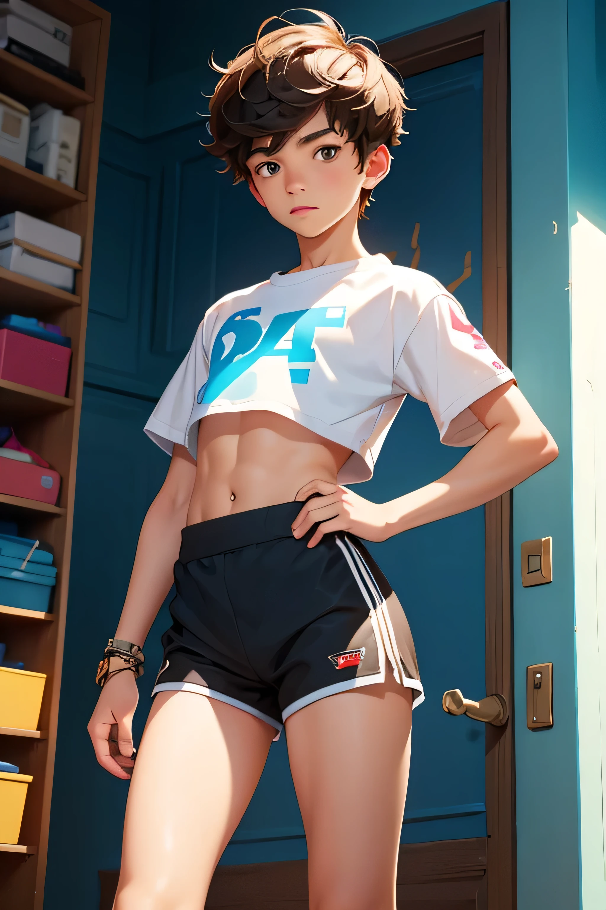 Teen boy ************, boy wears a crop top and too very short shorts,