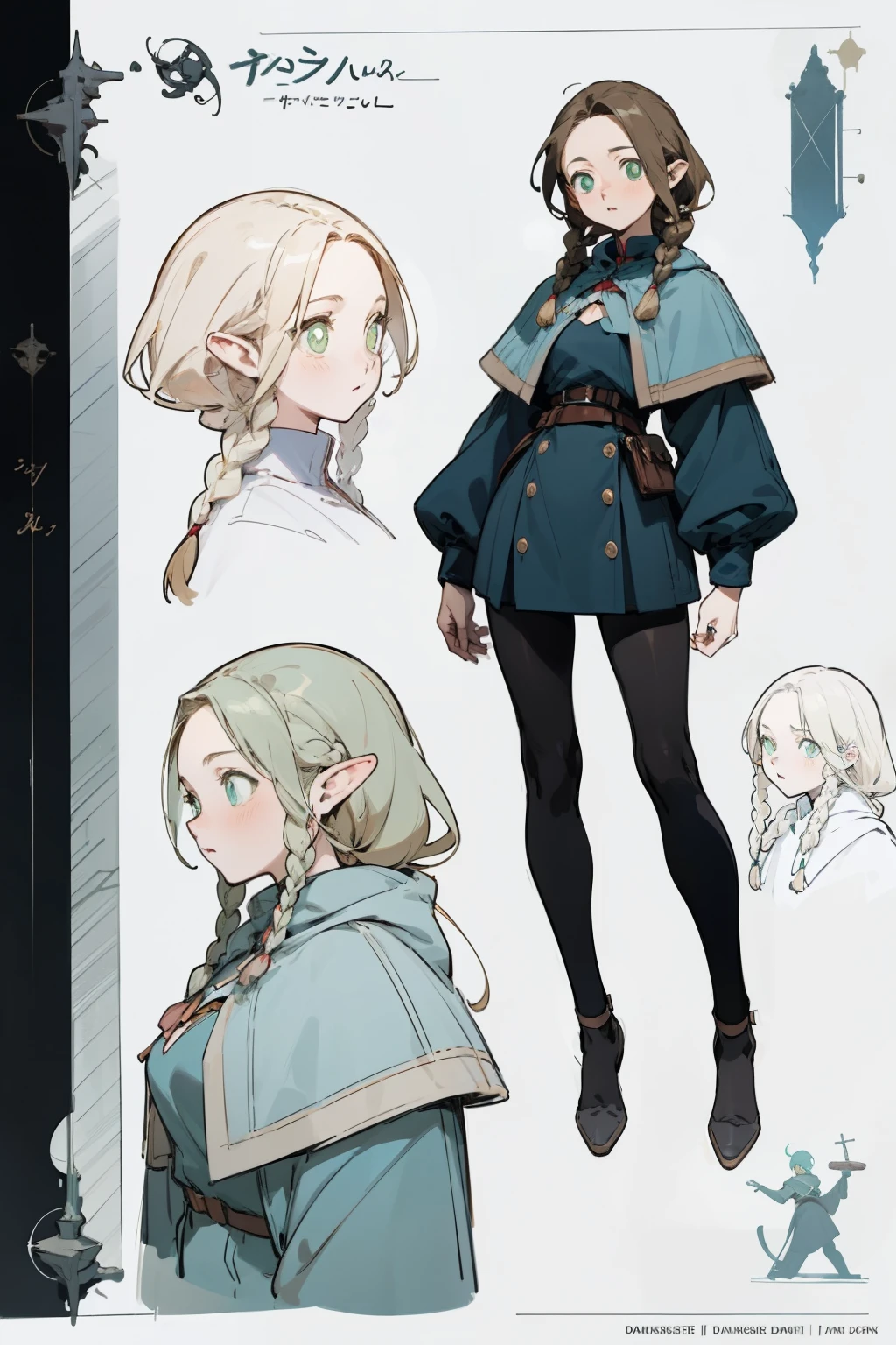 (masterpiece, best quality) detailed, Wearing black tights, dark hair, braids, elegant, youthful, fantasy uniform, anime, soft anime illustration, anime style character, clean detailed anime style, dungeons and dragons, thief, rogue, reference sheet, concept art, fantasy, female, girl, braids, dark hair,