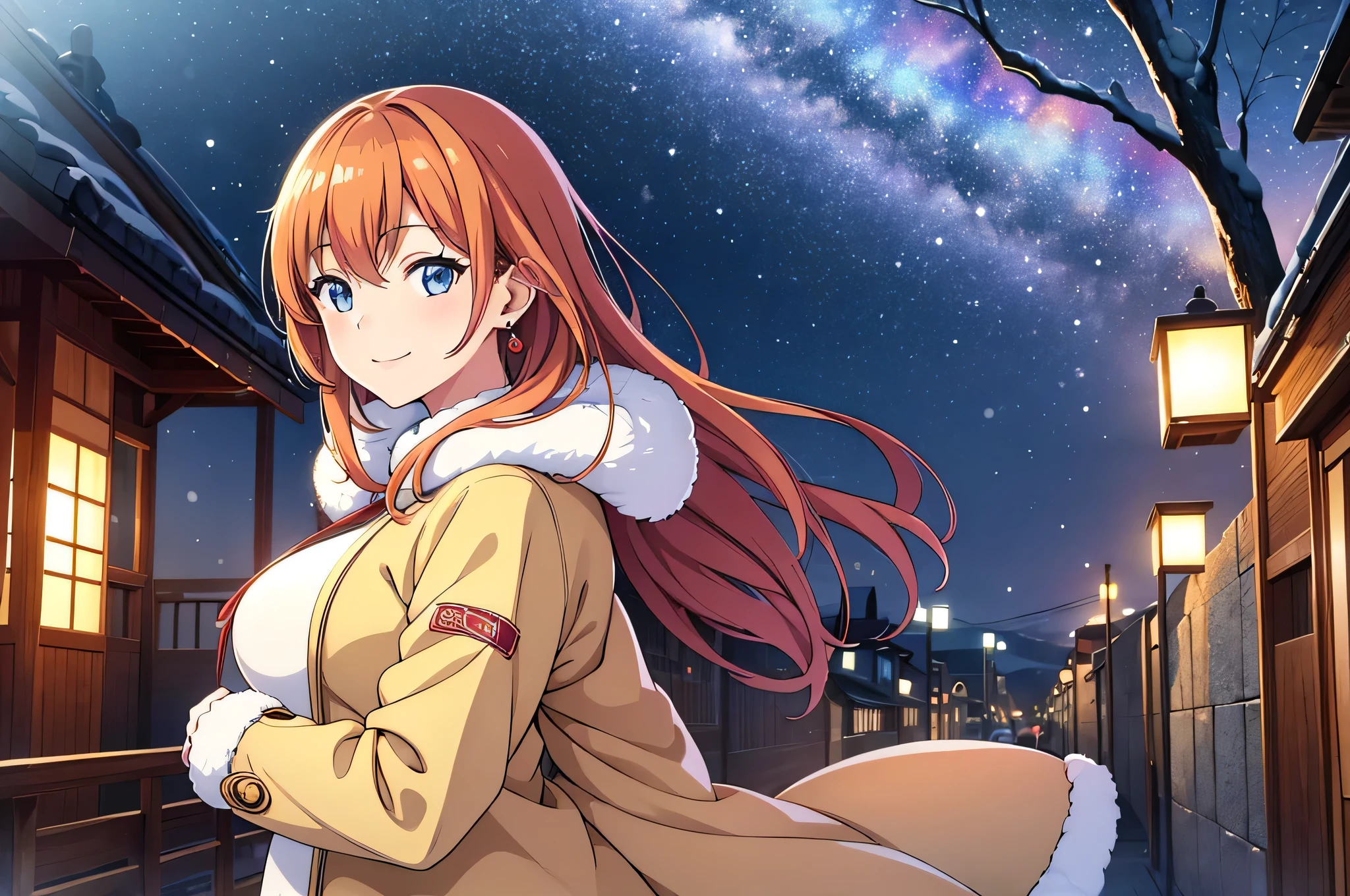 hight resolution,8K,Best Quality,detaileds,semi - realistic anime,Anime 3D Style,Smooth Anime CG,1 girl in,20 year old woman in Japan,slim,modeled,shiny chestnut hair,Medium Hair,Detailed face,Beautiful and detailed eyes,Glowing skin,(coat,layered clothes,Winter clothes,),earring beautiful,Winters,cold morning in december,(a street:0.8), (a person, Large crowds:1),hard focus particles,Soft lighting,looking at the viewers,A smile