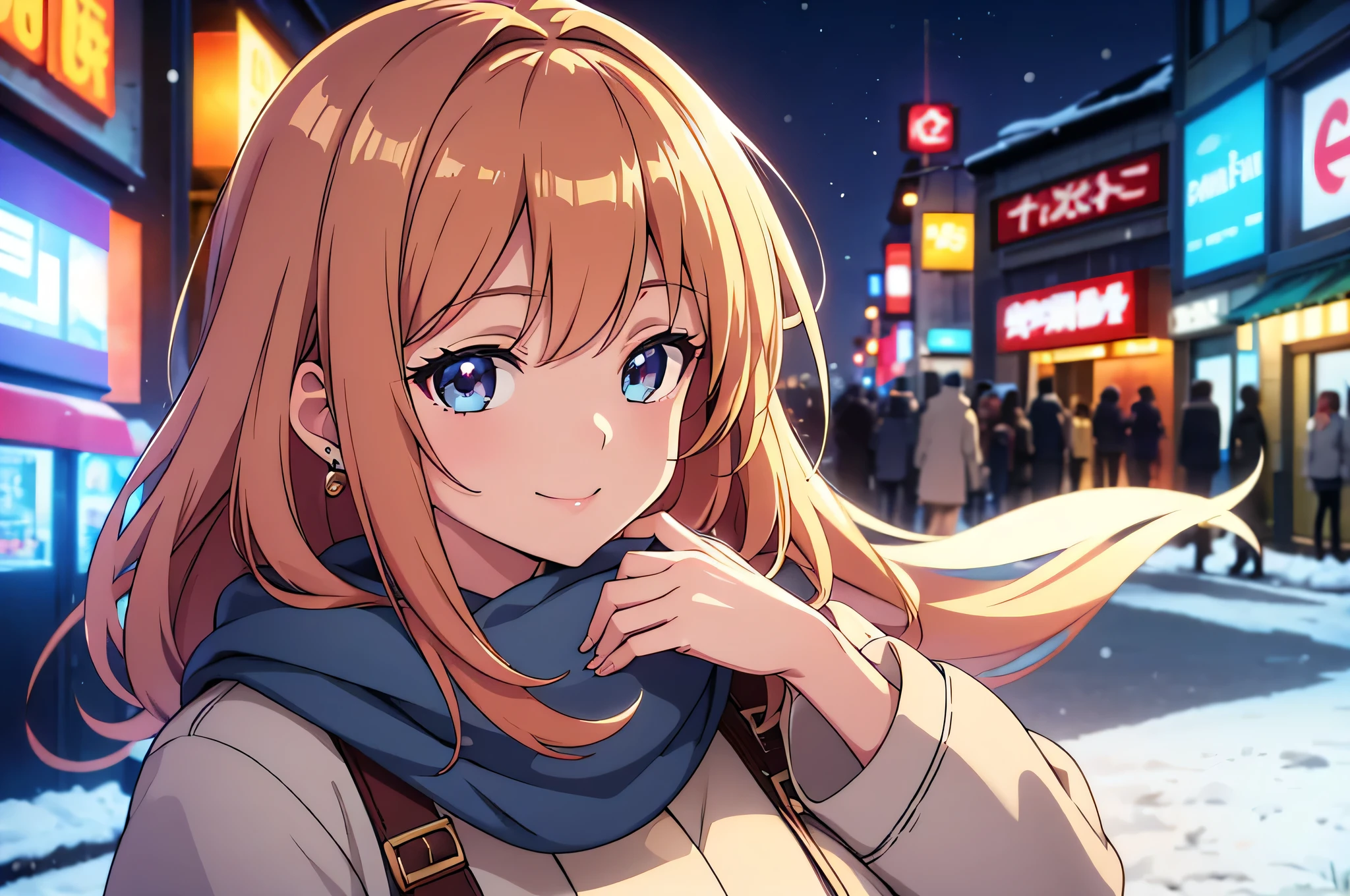 hight resolution,8K,Best Quality,detaileds,semi - realistic anime,Anime 3D Style,Smooth Anime CG,1 girl in,20 year old woman in Japan,slim,modeled,shiny chestnut hair,Medium Hair,Detailed face,Beautiful and detailed eyes,Glowing skin,(coat,layered clothes,Winter clothes,),earring beautiful,Winters,cold morning in december,(a street:0.8), (a person, Large crowds:1),hard focus particles,Soft lighting,looking at the viewers,A smile