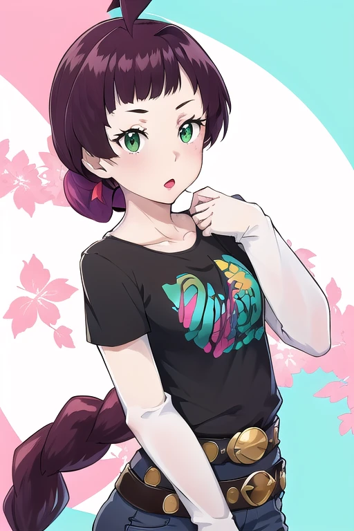 masterpiece, best quality, highres,green eyes,chl1, 1girl, braided_ponytail, (ahoge:1.1), eyelashes, maroon hair, solo, black t-shirt, white shirt, blue jeans, belt, lipstick, makeup