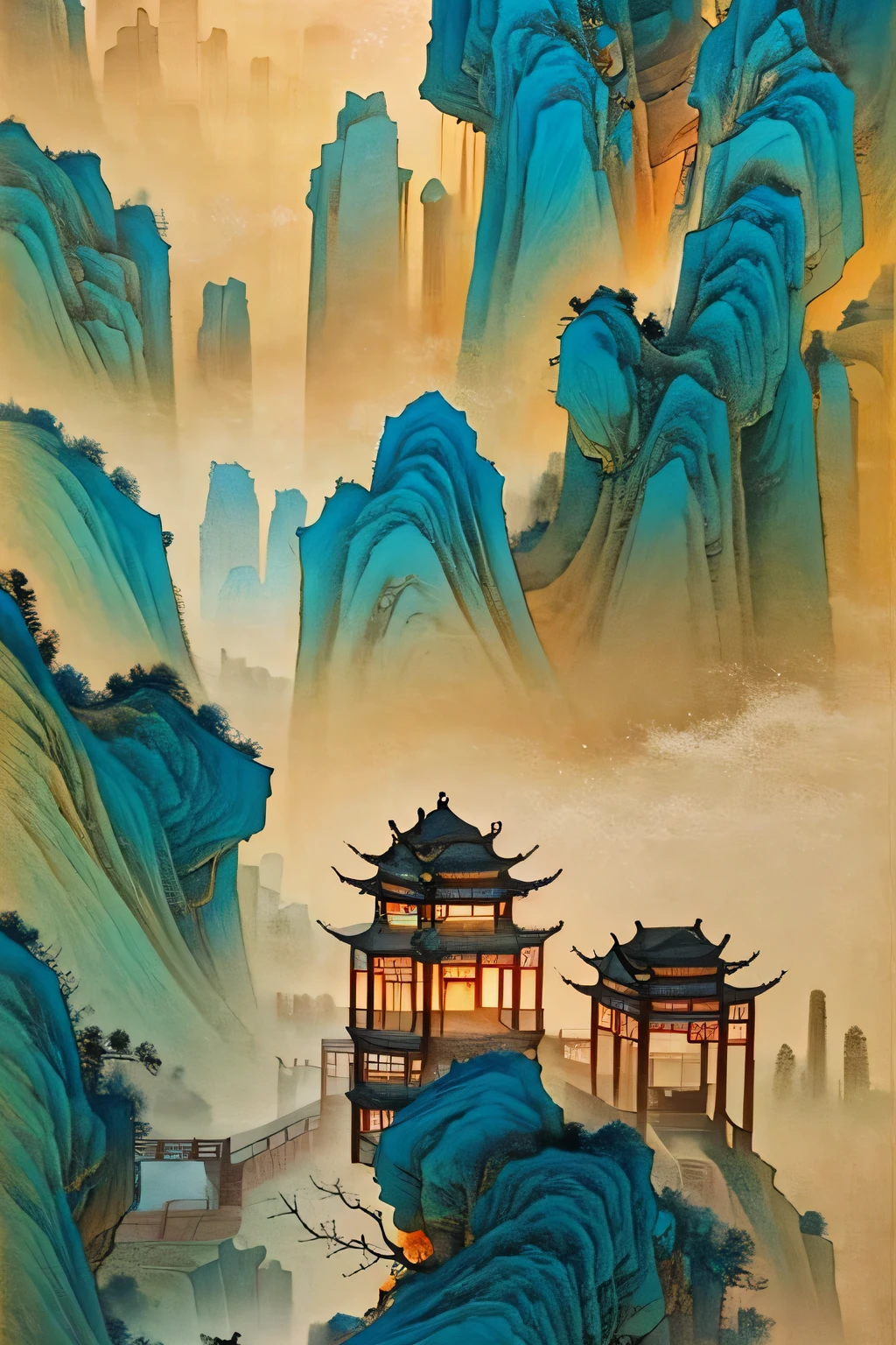 The famous Danxia Mountain is magnificent and spectacular. It is like a Chinese ink painting in the style of Zhang Daqian, with a large amount of blank space and a beige background. The colors are soft and detailed, depicted in a super high resolution of 32k.