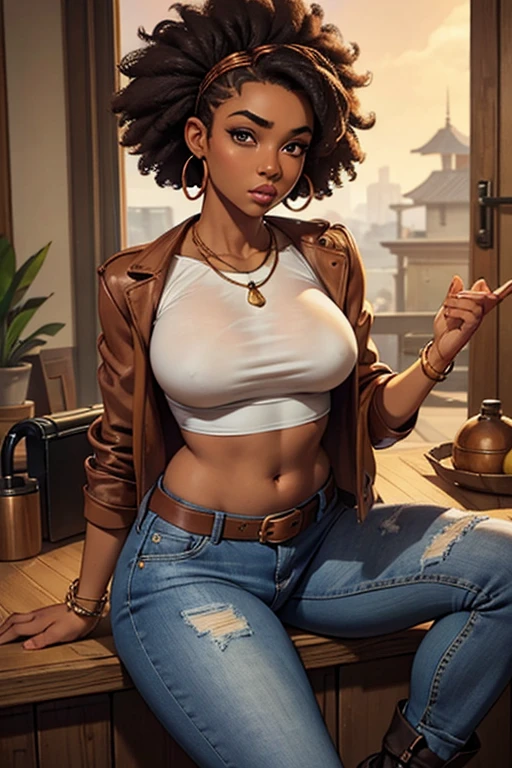 One African-skinned woman、Long face、medium afro and half shaved hairstyle、Wide-set eyes、Small eyes、Bulbous Nose、Lips protruding forward、Wooden Necklace、Copper earrings、big voluptuous breast, Plain see through Shirt、crop top jean jacket, showing stomach, belly button, jeans、Leather Belt、Leather boots with high heelodest chest、Thin thighs、socks、Thin eyebrows