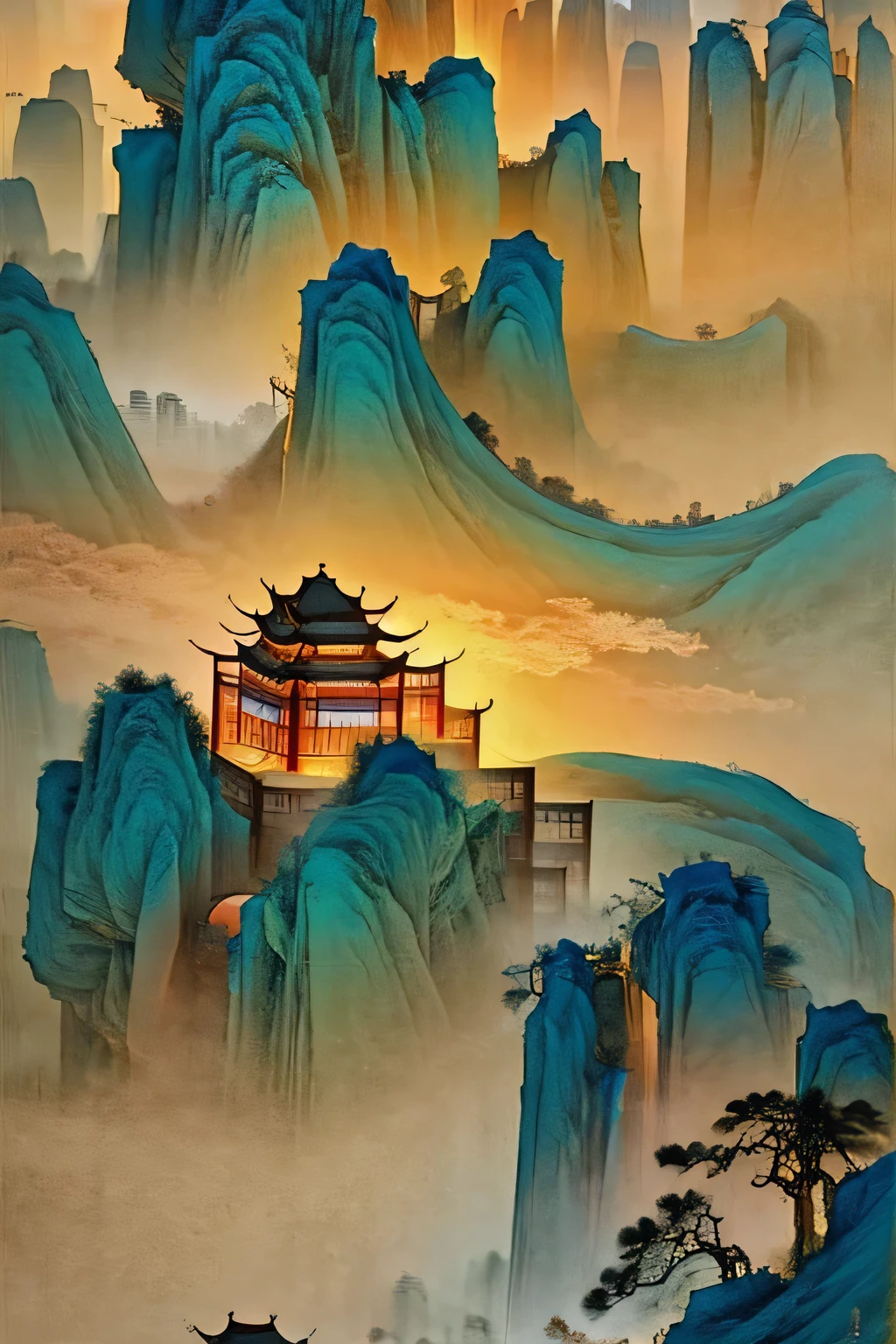 The famous Danxia Mountain is magnificent and spectacular. It is like a Chinese ink painting in the style of Zhang Daqian, with a large amount of blank space and a beige background. The colors are soft and detailed, depicted in a super high resolution of 32k.