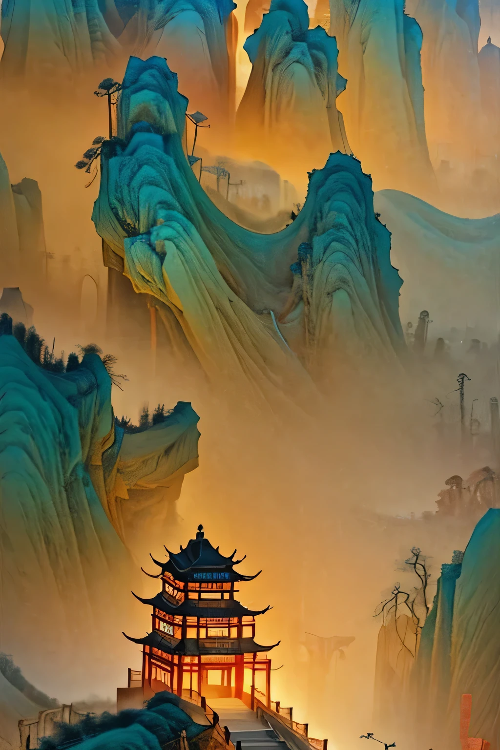 The famous Danxia Mountain is magnificent and spectacular. It is like a Chinese ink painting in the style of Zhang Daqian, with a large amount of blank space and a beige background. The colors are soft and detailed, depicted in a super high resolution of 32k.