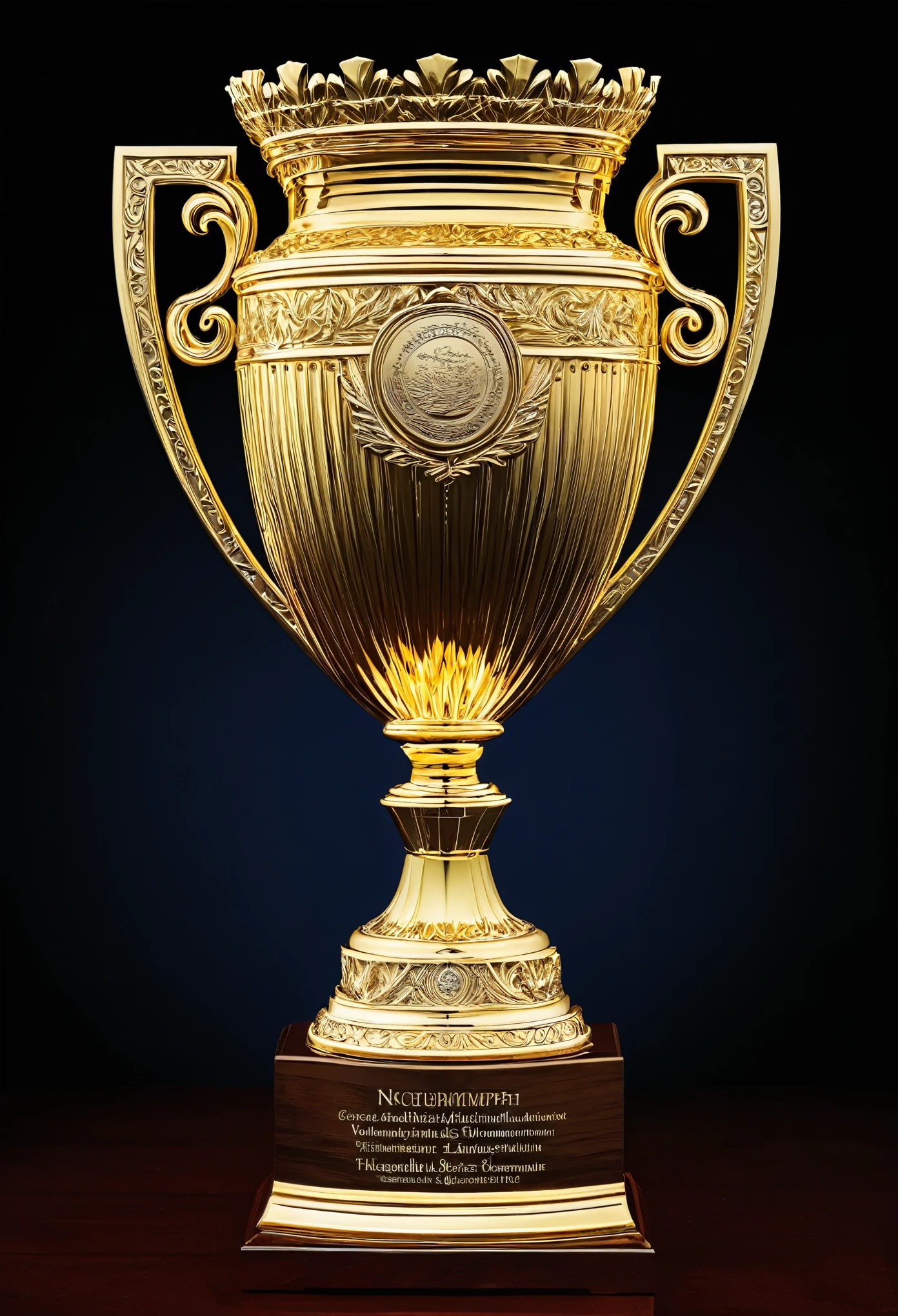 gold trophy, gleaming, shining, detailed engravings, intricate handles, polished surface, prestigious, winning, achievement, success, victory, glory, grand prize, excellence, remarkable craftsmanship, exquisite design, sparkling, luxurious, symbol of triumph, celebrated, top honor, coveted, cherished, admiration, inspiring, awe-inspiring, high value, priceless artifact, elite, outstanding, distinguished, ultimate recognition, rare and valuable, centerpiece of attention, dazzling, radiant, glimmering gold, masterwork, magnificent, glorious celebration, moment of triumph, unforgettable achievement, remarkable mastery, iconic symbol, monumental tribute, engraved plaque, engraved name, raised trophy, triumphant pose, crowning glory, triumphant moment, inspirational motivation