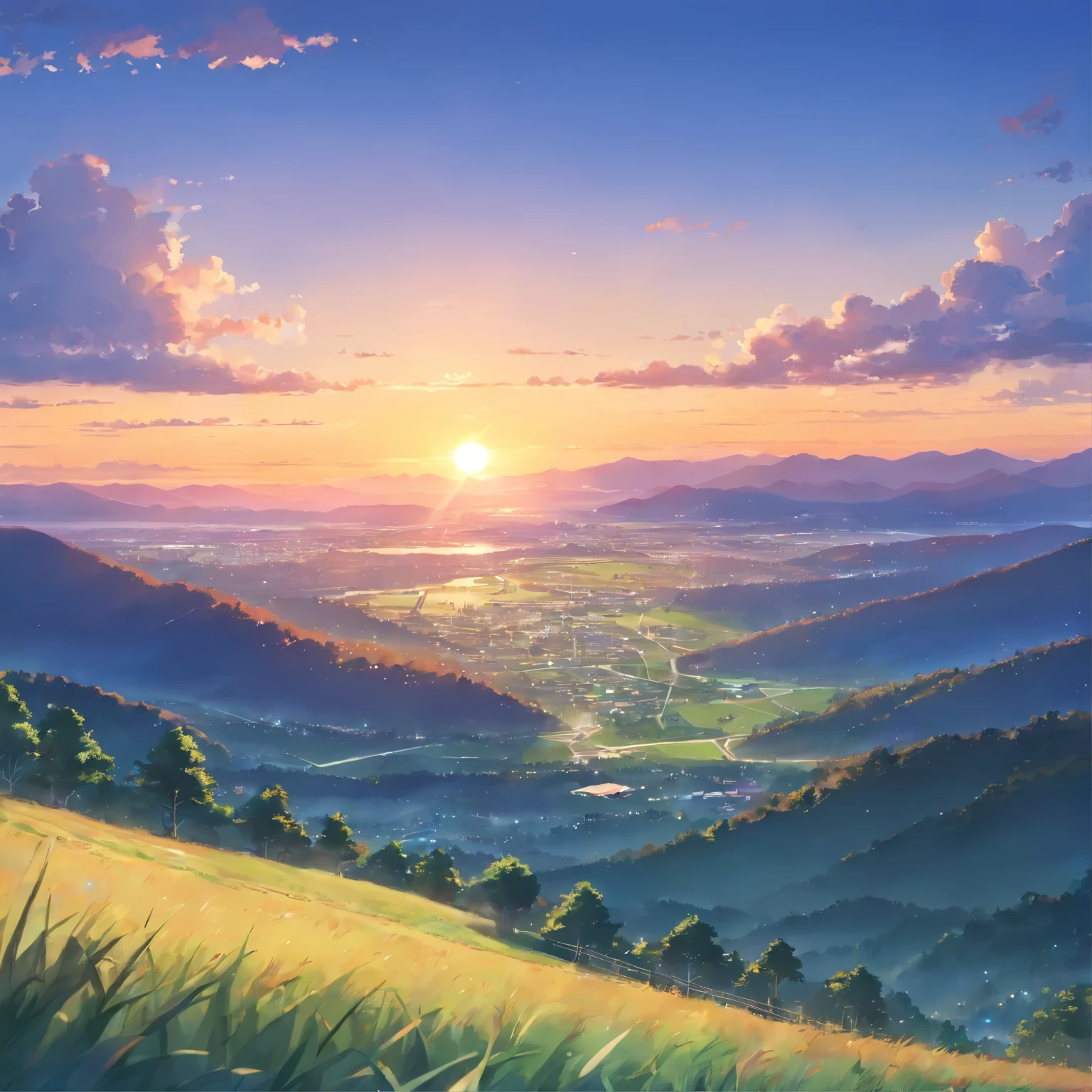 Sunset in the mountains outside the city. View from the hill to the city and the field from a height. There should be a forest or just a tree on the side as a hint of the forest.