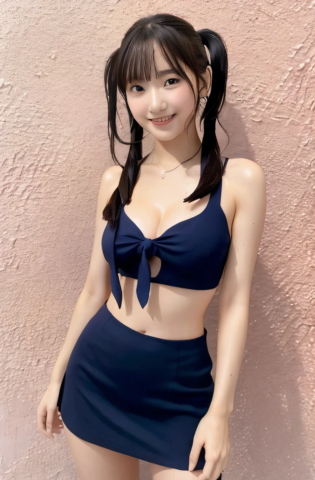 ((Ultra-high resolution)),8K,、Small breasts, , Twin tails, Red mini skirt, Navy blue tie、white shirt with open front、、Small cleavage 2:1,Idol Sculpture, Wet, smile、Pink wall、sexy、slender、Shapely small breasts、I can see your thighs、