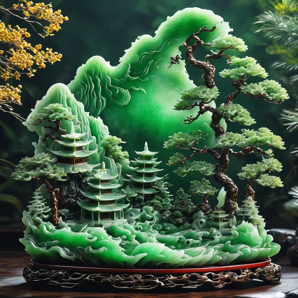 best quality, very good, 16K, ridiculous, Extremely detailed, Gorgeous mountain，pine，Monk，Made of translucent jadeite, Background grassland（（A masterpiece full of fantasy elements）））， （（best quality））， （（Intricate details））（8k）