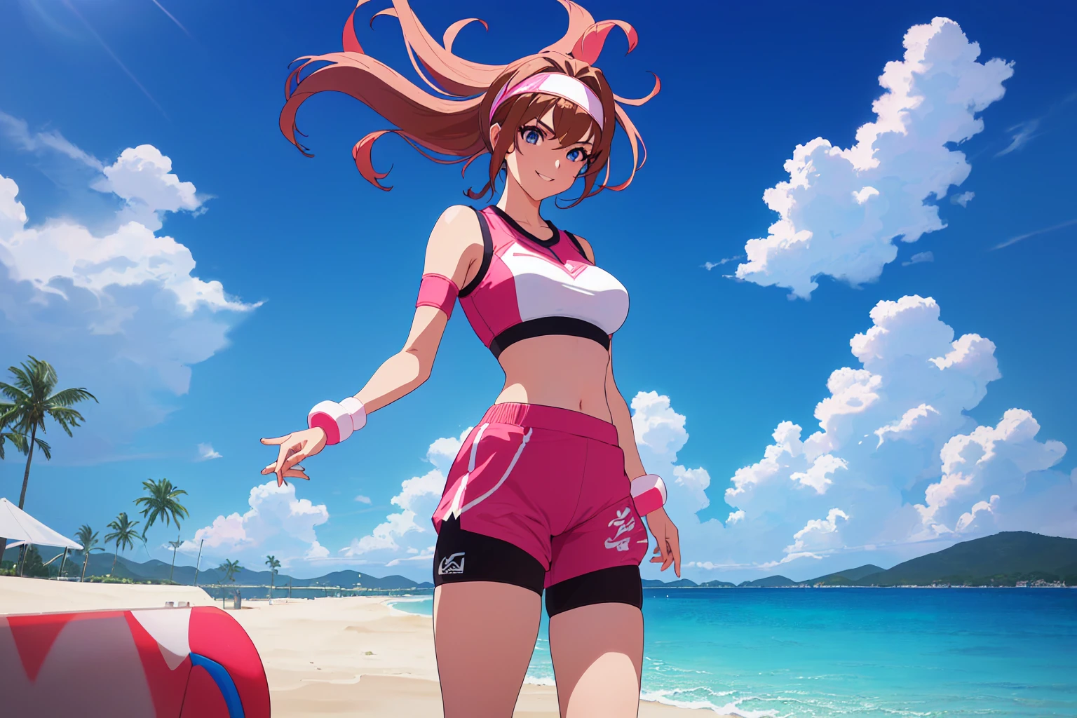 safe for work,(perfect composition),imagined a girl in extreme sport outfit playing to a flying disc game in a beach arena game sport, masterpiece, ultra-detailed, 80's anime (style), 2D, megapixel, perfectionism, full HD , 4K, (windjammers), windjammers sport game, windjammers 2 (((((solo mature anime woman,)))))++++++++++++++++++, looking at viewer, full body, brown hair and pink hair, short hair, weird hair, smile, lips, eyelashes, medium breasts, gym uniform, uniform, gym shorts, headband, sports bra, elbow pad, knee pad, extreme sports outfit 80's theme, beach background, playing flying disc game on a beach court game, sea, sun in the sky, sports wear