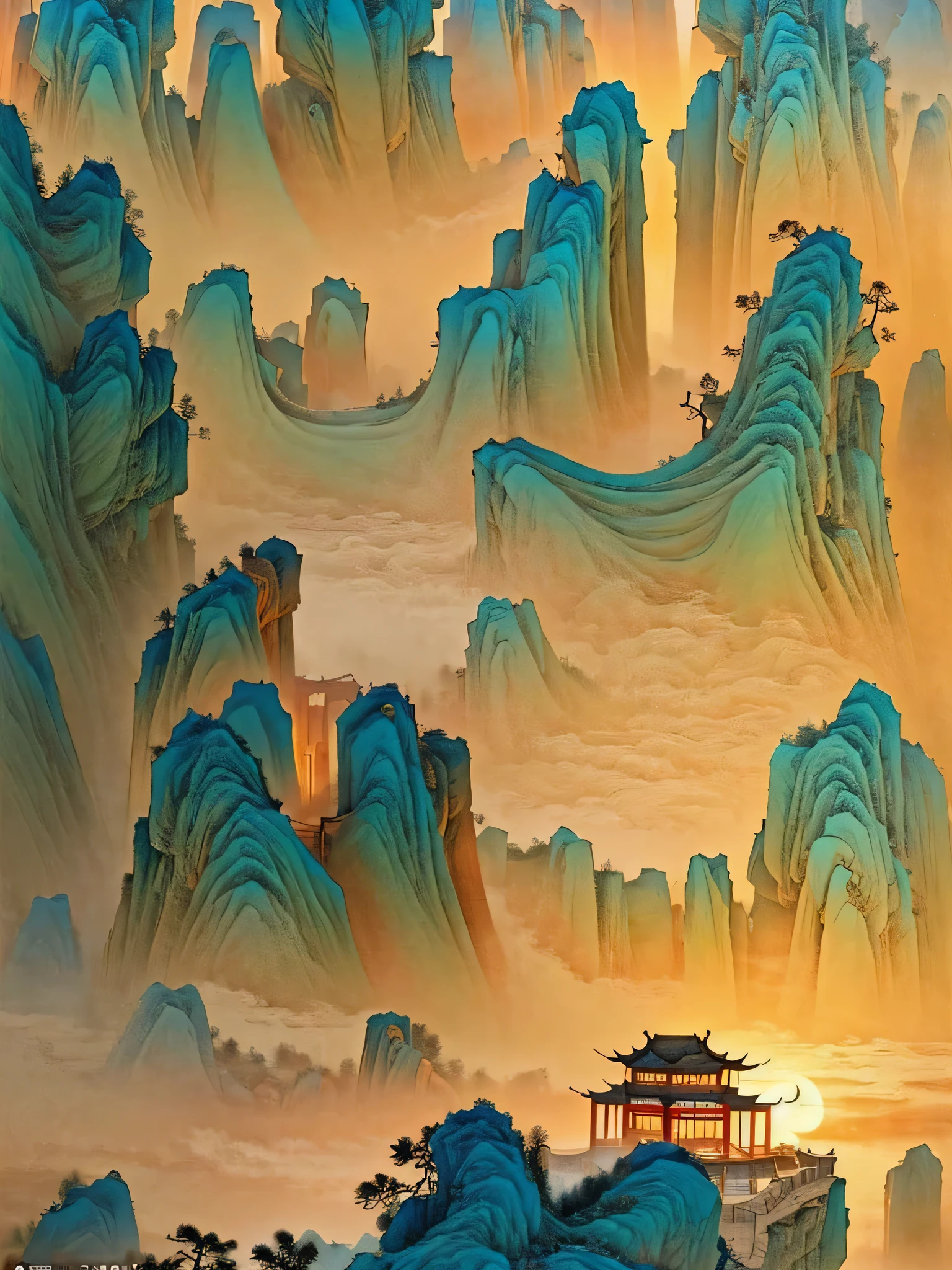 The famous Danxia Mountain is magnificent and spectacular. It is like a Chinese ink painting in the style of Zhang Daqian, with a large amount of blank space and a beige background. The colors are soft and detailed, depicted in a super high resolution of 32k.