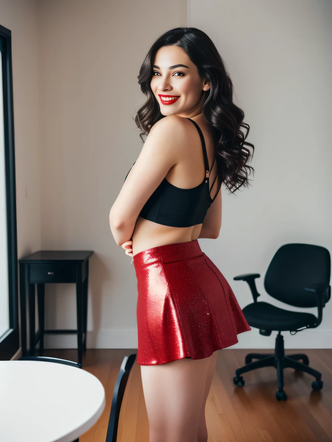 there is a beautiful woman with white skin and dark hair, standing in a room with a table and chairs, side pose, side view of her taking steps, running pose, shot on nikon d3200, leg and hip photo, proper photo, miniskirt, posing and flexing, internal photo, side photo, full body photo, sports physique, attacking the camera: 4, taken with sony a7r camera, side pose, red tank top and dark blue shorts, in shorts, side photo, tight photo, portrait side, outfit photo, wearing a red tank top and black mini skirt, with a shiny black skirt, a shiny red tank top and sports shorts, dressed in a tank top and high-waisted shorts. A woman with white skin, she is around 40 years old and has dark hair, she measures 164 cm tall and weighs around 55 kg. Charming, seems to contain a world of wonders and her face is the definition of beauty, highly realistic, reddish skin, beautiful, slightly full lips, red lipstick, smiling, feeling of lightness and joy, hyperrealism, very elaborate skin, full body photo , clear photo, high quality, high resolution, masterpiece, high quality, masterpiece, (photographically realistic) HD, high contrast, masterpiece 16K: 1.3, high resolution, (photographically realistic), NUDE, NUDITY, NFSW.