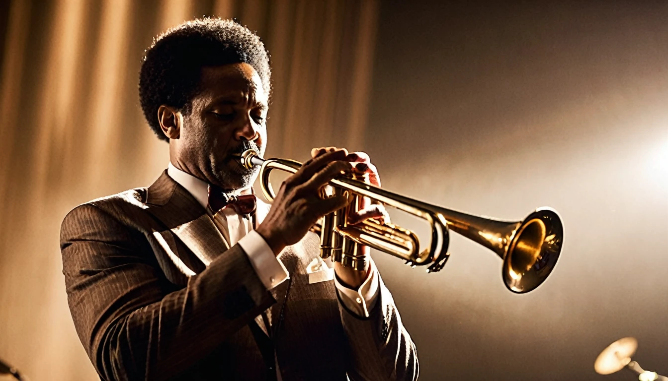 an 50 years old afro american jazz musician playing trumpet , medium shot, slightly high camera angle, wide angle lens , bilateral symmetry , neutral colors , natural lighting , soft front light , backlight on face , photorealistic, 35mm film Award - winning photograph, Masterpiece, 16k, ultra high res, hyper detailed, vintage filter,sfumato, chiaroscuro, perfect face, rule of thirds, highly detailed hair, ((detailed face)), ((detailed facial features)), (finely detailed skin), intricate details, amazing fine detail, photorealistic, photograph, photorealism,  lifelike texture, neutral colors, Soft front light,cinematic lighting, dramatic lighting,dappled light on face, backlight on hair, sharp focus, wide angle, film grain, dslr, raw photo, photographed on Nikon