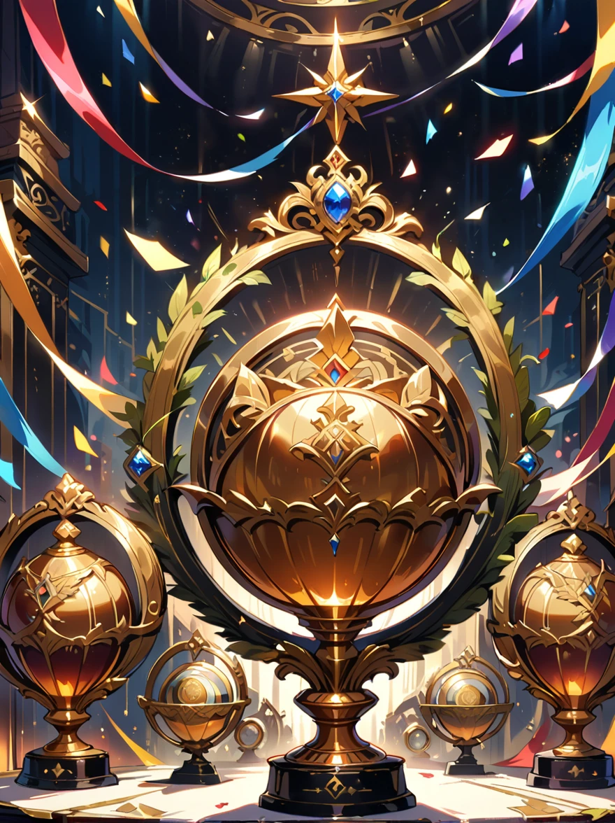 Golden trophies, (A big one, shining, Golden trophies,Exquisite details and carvings),Looks expensive,Highly polished surface,Shimmering under the lights,Exudes a soft glow,Shows incredible craftsmanship and attention to detail,Standing on solid foundation,Grasping the essence of victory and achievement,With ornate handles and decorative base,The highest quality materials,Meticulously crafted,Superb craftsmanship,Awarded to the champion, Symbol of victory and success,A symbol of excellence and diligence,Inspiring and prestigious,Create a sense of awe and admiration,Colorful confetti and streamers in the background,Festive atmosphere,Full of sense of achievement and pride,The smooth surface reflects the surrounding environment,Focus on capturing your audience’s attention,Perfect balance and proportion,Beautifully made,Enduring,Convey a sense of majesty and ambition,Proof of Dedication and Skill,Can evoke a variety of emotions,From admiration to motivation and determination,Emphasize the importance of achieving your goals,A vivid re-creation of the golden age of victory.