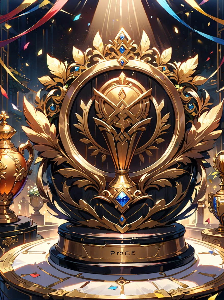 Golden trophies, (A big one, shining, Golden trophies,Exquisite details and carvings),Looks expensive,Highly polished surface,Shimmering under the lights,Exudes a soft glow,Shows incredible craftsmanship and attention to detail,Standing on solid foundation,Grasping the essence of victory and achievement,With ornate handles and decorative base,The highest quality materials,Meticulously crafted,Superb craftsmanship,Awarded to the champion, Symbol of victory and success,A symbol of excellence and diligence,Inspiring and prestigious,Create a sense of awe and admiration,Colorful confetti and streamers in the background,Festive atmosphere,Full of sense of achievement and pride,The smooth surface reflects the surrounding environment,Focus on capturing your audience’s attention,Perfect balance and proportion,Beautifully made,Enduring,Convey a sense of majesty and ambition,Proof of Dedication and Skill,Can evoke a variety of emotions,From admiration to motivation and determination,Emphasize the importance of achieving your goals,A vivid re-creation of the golden age of victory.