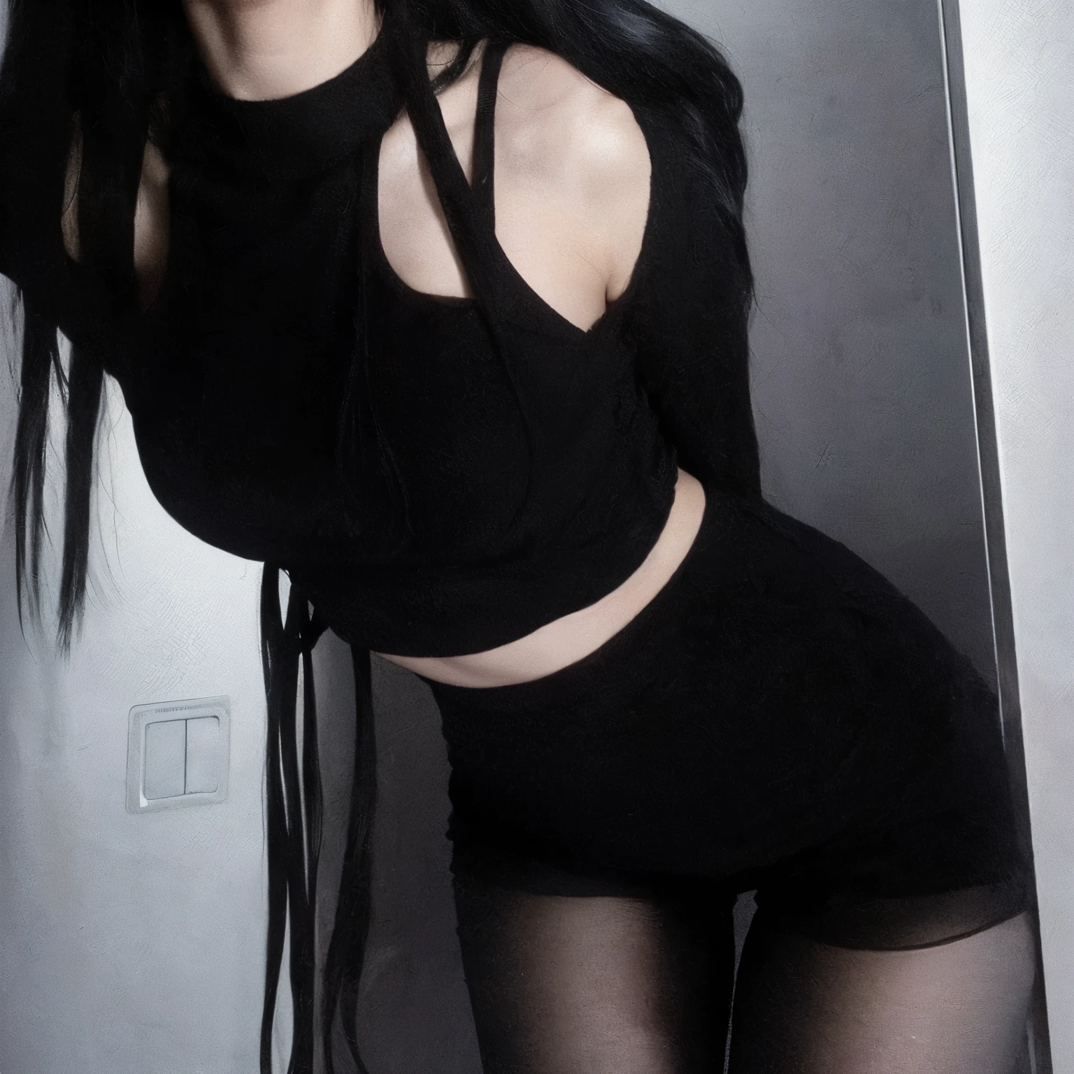 there is a woman with long hair and a black top posing, dark clothes, black clothes, black outfit, goth girl aesthetic, dark clothing, wearing black clothes, dark aesthetic, goth aesthetic, outfit photo, wearing in black clothes, black top, brutal black clothes, witchcore clothes, black clothing, skintight black clothes, pale goth beauty, darkwave goth aesthetic