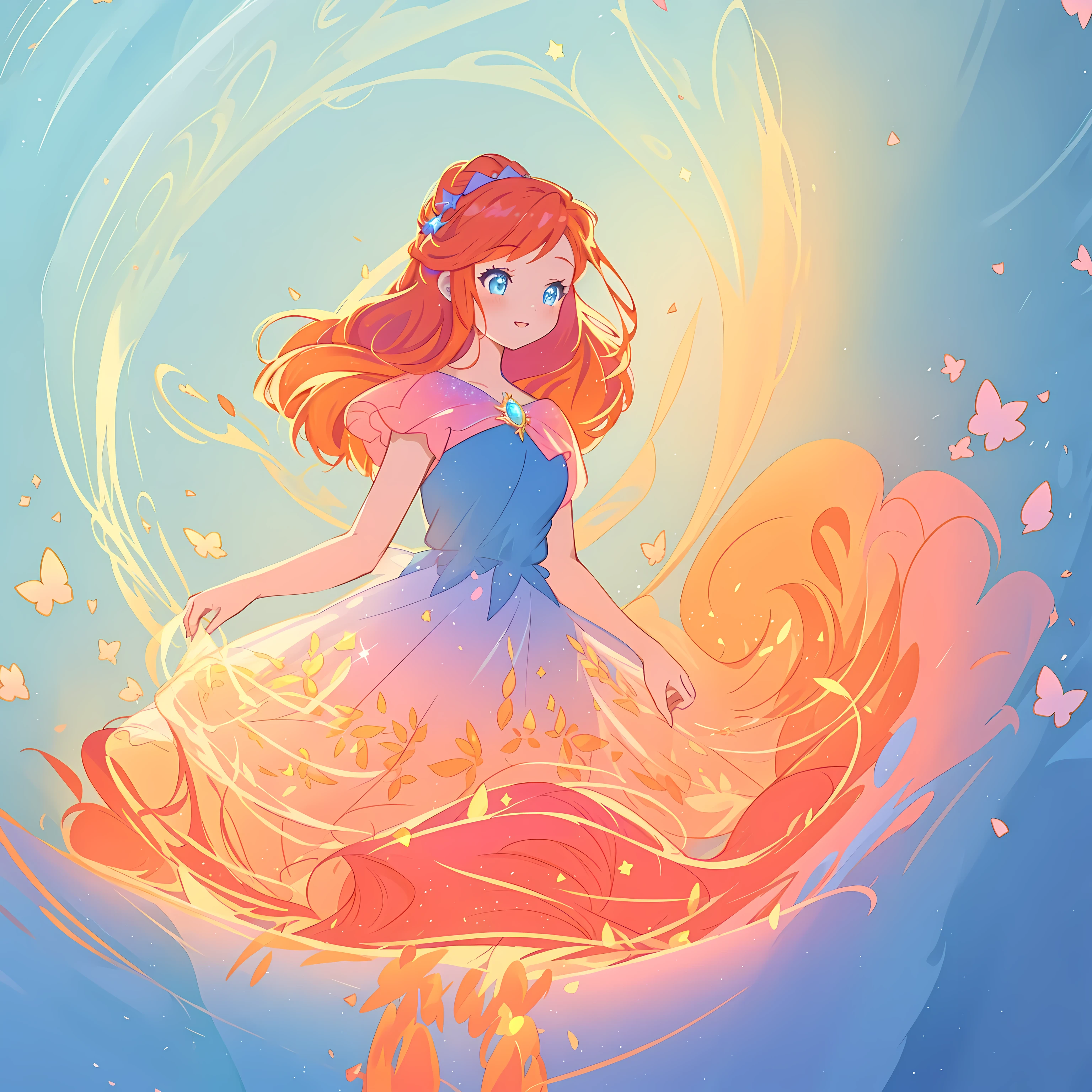 beautiful European Celtic girl, bright neon orange hair, flaming orange hair, semi-realistic style art, beautiful blue eyes, sparling blue eyes, tiered layered flower petal dress, fairy queen, fairy wings, fairy gown, vibrant pastel colors, (colorful), glowing golden long hair, magical lights, sparkling magical liquid, inspired by Glen Keane, inspired by Lois van Baarle, disney art style, by Lois van Baarle, glowing aura around her, by Glen Keane, jen bartel, glowing lights! digital painting, flowing glowing hair, glowing flowing hair, beautiful digital illustration, fantasia background, whimsical, magical, fantasy, ((beautiful face)), ((masterpiece, best quality)), intricate details, highly detailed, sharp focus, 8k resolution, sparkling detailed eyes, liquid watercolor