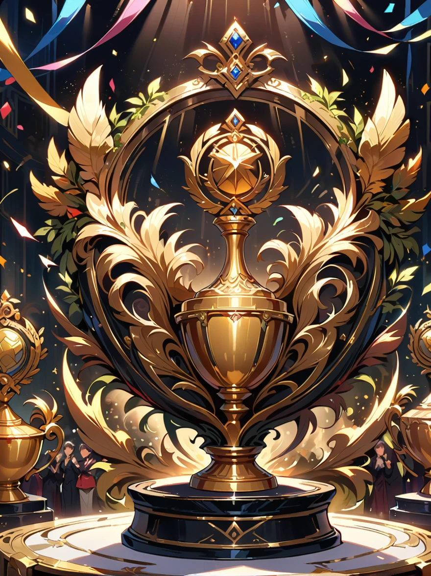 Golden trophies, (A big one, shining, Golden trophies,Exquisite details and carvings),Looks expensive,Highly polished surface,Shimmering under the lights,Exudes a soft glow,Shows incredible craftsmanship and attention to detail,Standing on solid foundation,Grasping the essence of victory and achievement,With ornate handles and decorative base,The highest quality materials,Meticulously crafted,Superb craftsmanship,Awarded to the champion, Symbol of victory and success,A symbol of excellence and diligence,Inspiring and prestigious,Create a sense of awe and admiration,Colorful confetti and streamers in the background,Festive atmosphere,Full of sense of achievement and pride,The smooth surface reflects the surrounding environment,Focus on capturing your audience’s attention,Perfect balance and proportion,Beautifully made,Enduring,Convey a sense of majesty and ambition,Proof of Dedication and Skill,Can evoke a variety of emotions,From admiration to motivation and determination,Emphasize the importance of achieving your goals,A vivid re-creation of the golden age of victory.