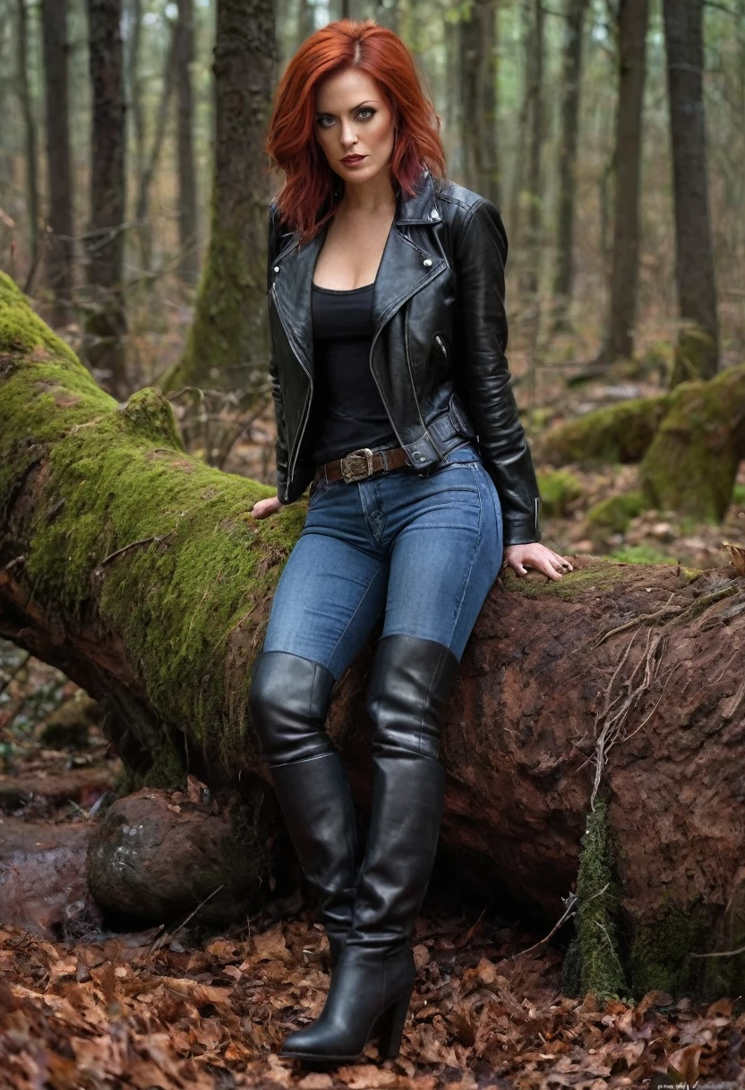 Hyper-realistic, ultra-detailed, Raw, masterpiece. dark forest. 40-years-old woman, on face: depraved. (leather jacket), (flannel blouse), (heels), (crotch over-knee boots:1.8), (jeans:1.2), Copper-red hair,
