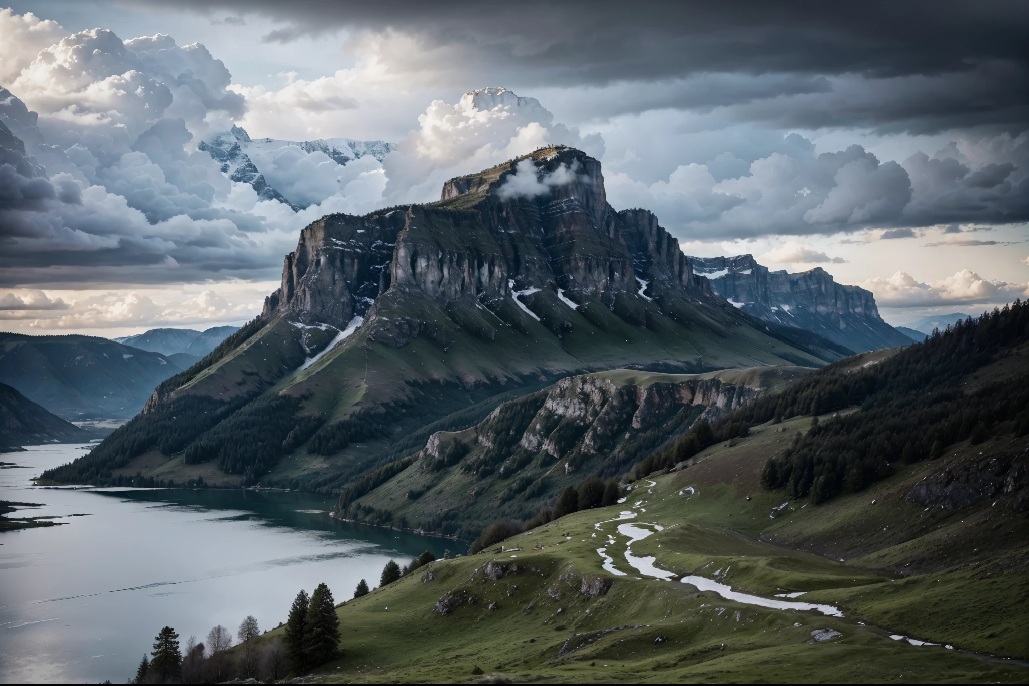 Rainy, cloudy sky, very high mountains background, high cliffs look eerie, lots of clouds, winter with beautiful lake meadow wallpaper, high details, realistic 8k full HD.