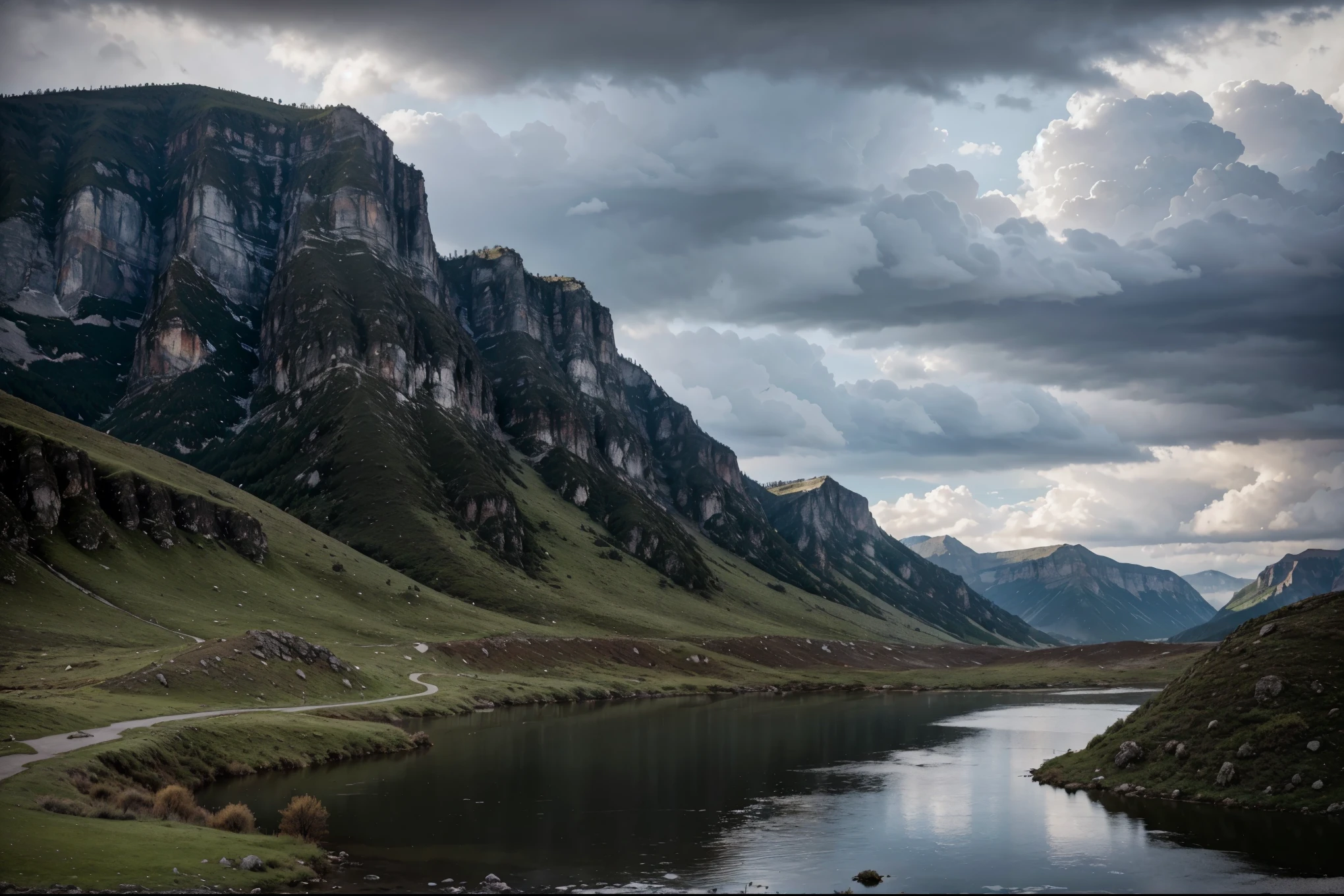 Rainy, cloudy sky, very high mountains background, high cliffs look eerie, lots of clouds, winter with beautiful lake meadow wallpaper, high details, realistic 8k full HD.