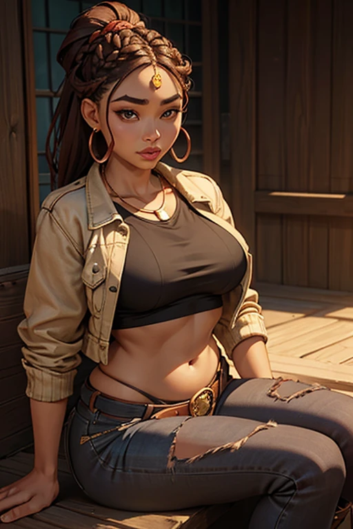 One African Filipino woman、Long face, braided zigzag hairstyle、Wide-set eyes、Small eyes、Bulbous Nose、Lips protruding forward、Wooden Necklace、Copper earrings、big voluptuous breast, Plain see through Shirt、crop top jean jacket, showing stomach, belly button, jeans、Leather Belt、Leather boots with high heelodest chest、Thin thighs、socks、Thin eyebrows