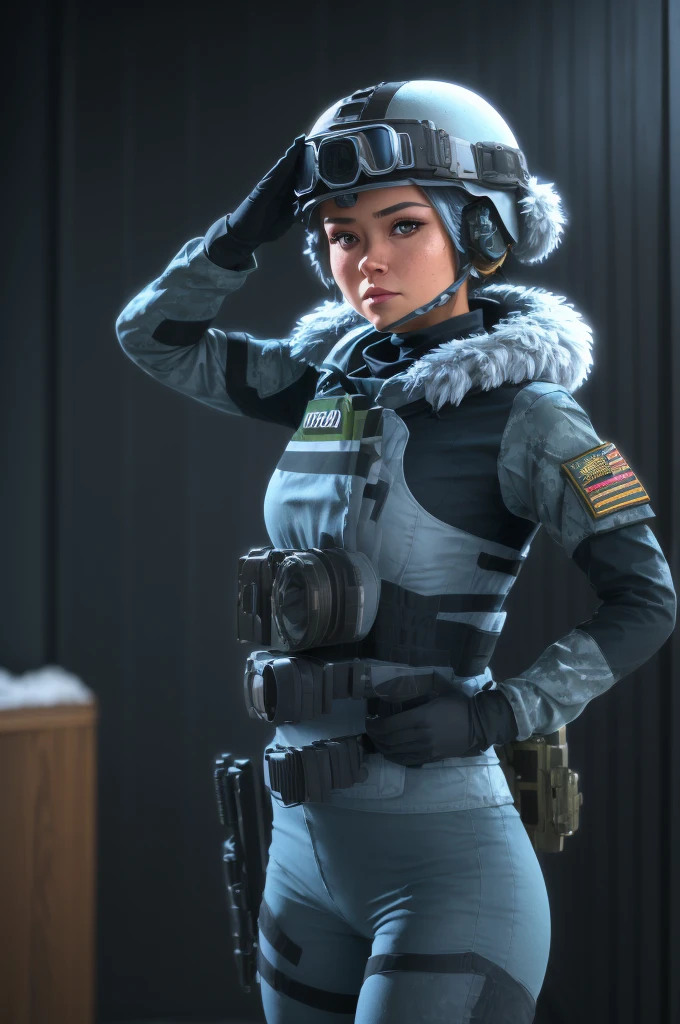 (looking at viewer, she is doing a military salute, thank you for your service, front view: 1.5), 1girl, helmet, headset, winter uniform, very patriotic portrait, googles, the background is a winter place, wind, ((Best quality, masterpiece, Very beautiful woman)), Depth-of-field, Multi-layered textures, HDR (High Dynamic Range), Ray Tracing, NVIDIA RTX, Unreal 5, Subsurface scattering, PBR Texturing, Post-processing, Anisotropic Filtering, Maximum clarity and sharpness, Wide aperture, Low ISO, White balance, Rule of thirds, 8K RAW, (extremely slutty), (Highly realistic skin), sharp image, (extremely high quality artwork),