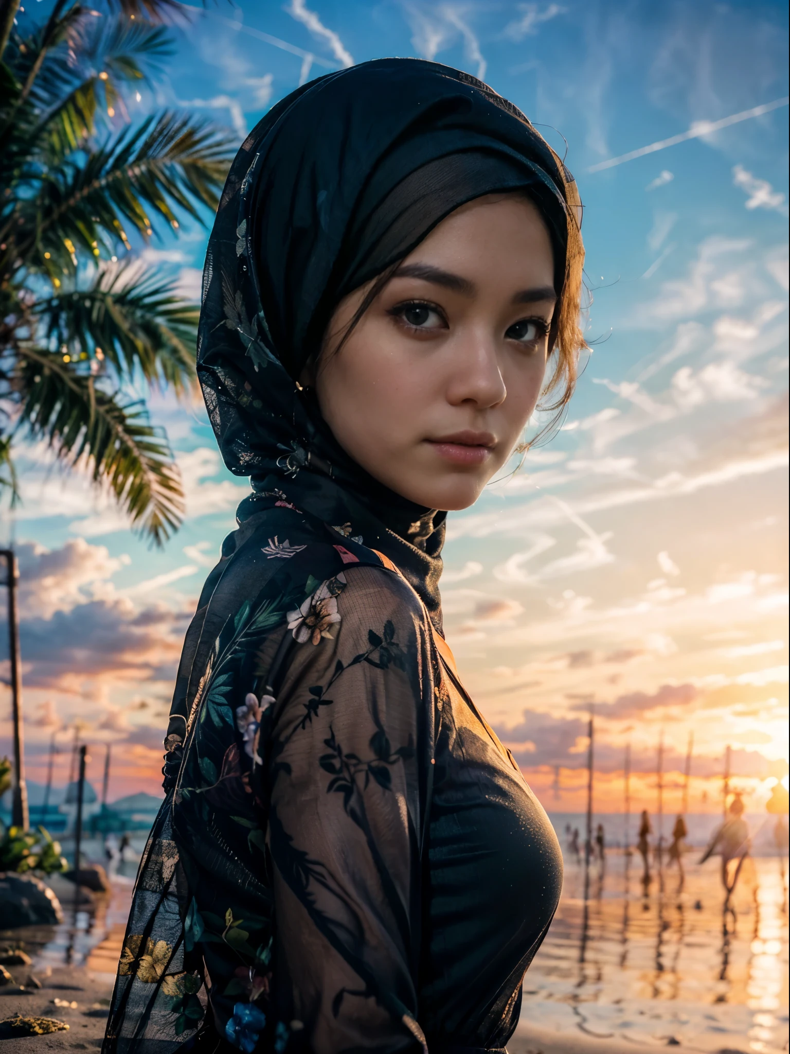 Photorealistic, (close-up:1.3, exposed face), wideangle, (seen from forward:1.2), in frame, a japanese young woman, ((hijab girl likeness:1.3, long sleeve dress with long skirt)), a hyperrealistic beautiful young girls with green eyes, high detailed official artwork, beautiful girls, attractive young woman, (atractive poses:1.3), (posing down:1.2), on the sand on the (sunset beach:1.2), surrounded by palm trees, natural background, dubnitskiy david fanart, realistic portrait, smooth photorealistic, perfect visual of a cute girls, cute girls with round face, face focus, makoto shinkai and artgerm, photon mapping, natural light, warm color tones, vivid colors, cool ambient, foggy atmosphere