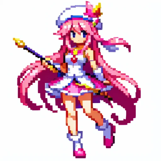 Pixel art, 6-life, full body, facing left, pink and white, holding a spear, magical girl, beret, long hair, Loose and fluffy , showing shoulders