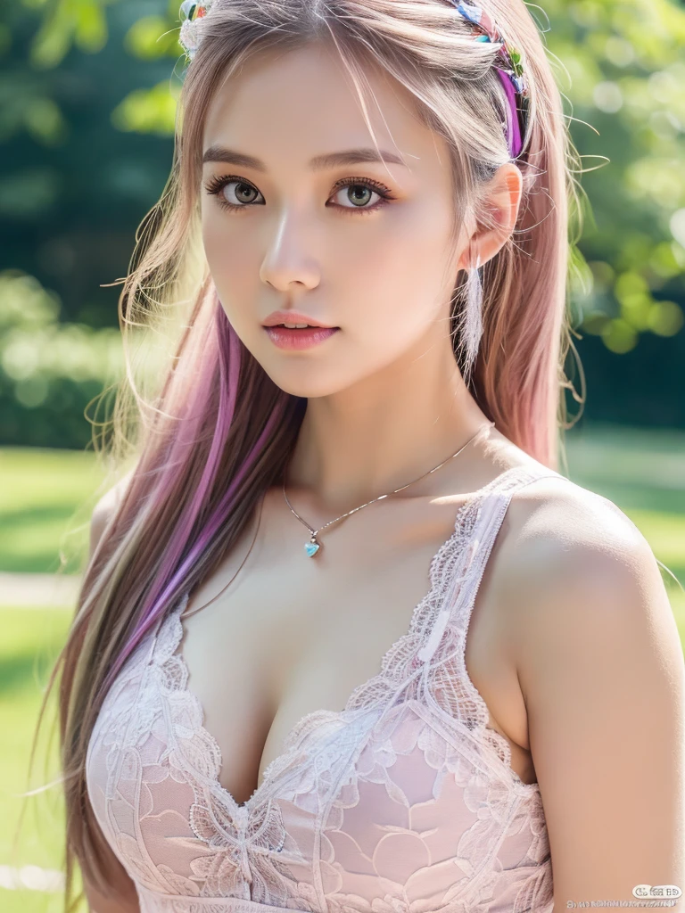 (best quality,highres:1.3), A full figure of Thai beautiful girl, White skin, Platinum lace camisole vest, beautiful clear eyes,Green pupils, beautiful necklace and earringedium, Delicate slender face,Lovely lips, extremely detailed face and eyes, long purple-pink hair, beautiful upper body:1.2, random-colored shirt, short dress, in the park, medium chest, revealing cleavage