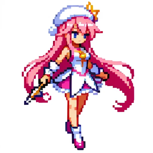 Pixel art, 6-life, full body, facing left, pink and white, holding a spear, magical girl, beret, long hair, Loose and fluffy , showing shoulders