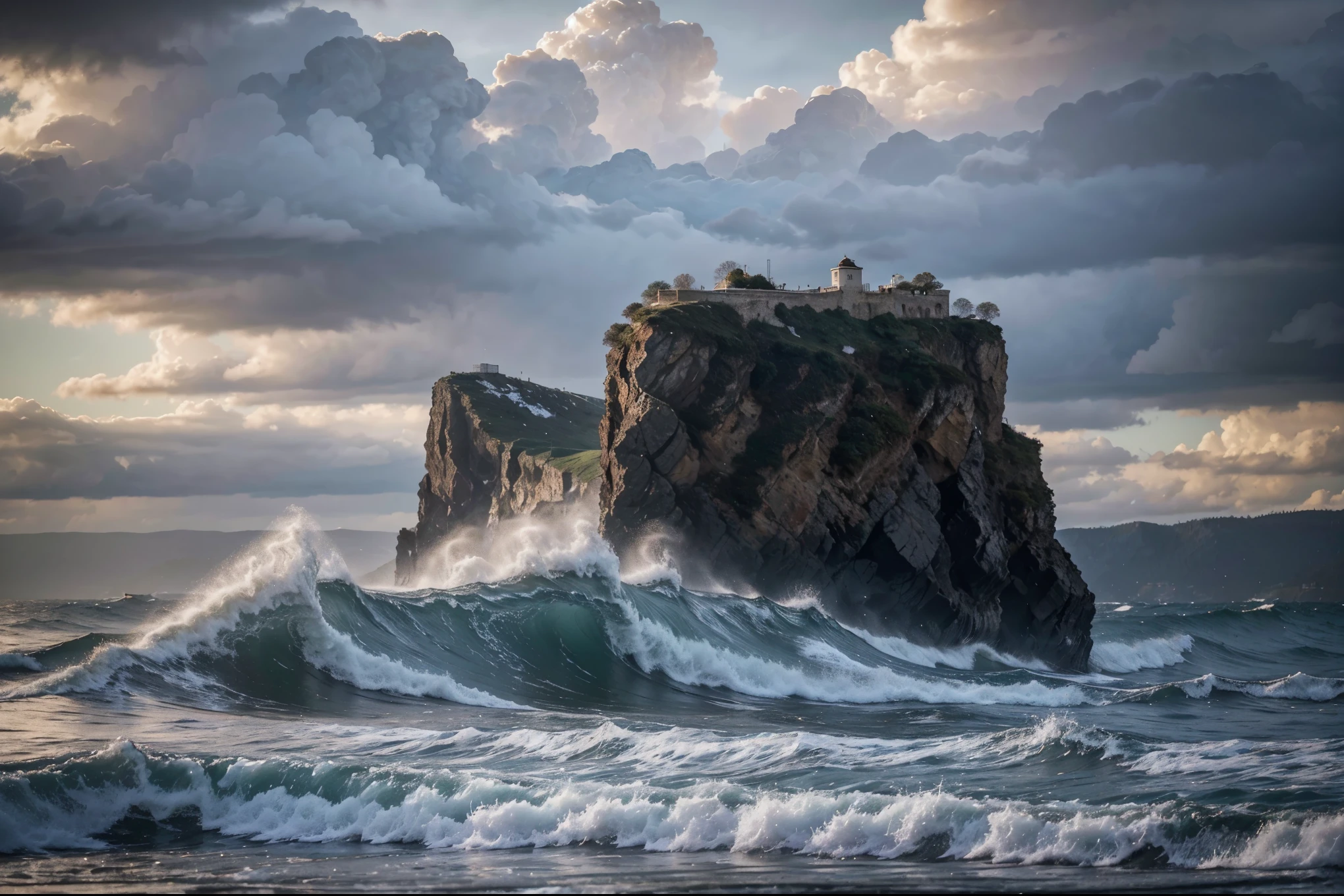 Rain, cloudy sky, waves, strong wind, cliff background of very high mountains, cloudy winter with sea wallpaper, strong waves, high details, realistic 8k full HD.