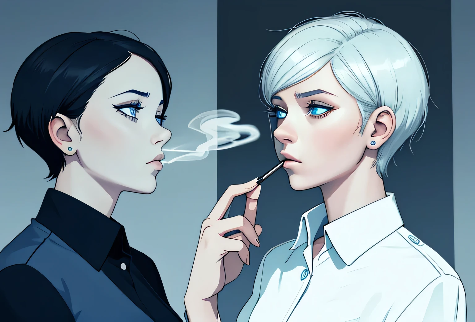 girl , smoking  , side face , short hair , wearing patient uniform , blue eyes , negative , sad , thinking about future , bad future .