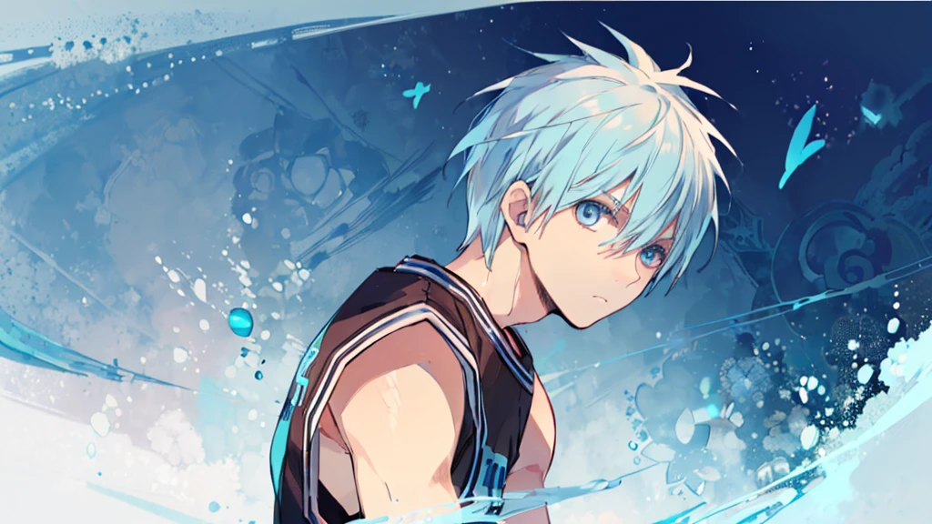 ((highest quality, super detailed,detailed eyes:1.3)),(((total 1 boy:1.2))),cool face,light blue hair,short,hair,light blue eyes,kuroko tetsuya,(basketball uniform:1.2),(aqua blue aura background:1.2),(from side,cowboy shot,face focus,looking for viewer:1.1)