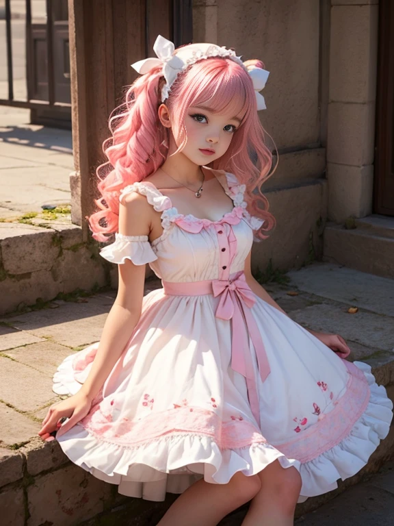 Cute super delicate girl in a lolita dress with pink hair. Calidad de imagen ultraalta de 8K, textura delicada, fondo blanco puro.