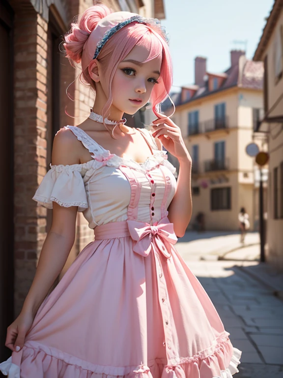 Cute super delicate girl in a lolita dress with pink hair. Calidad de imagen ultraalta de 8K, textura delicada, fondo blanco puro.