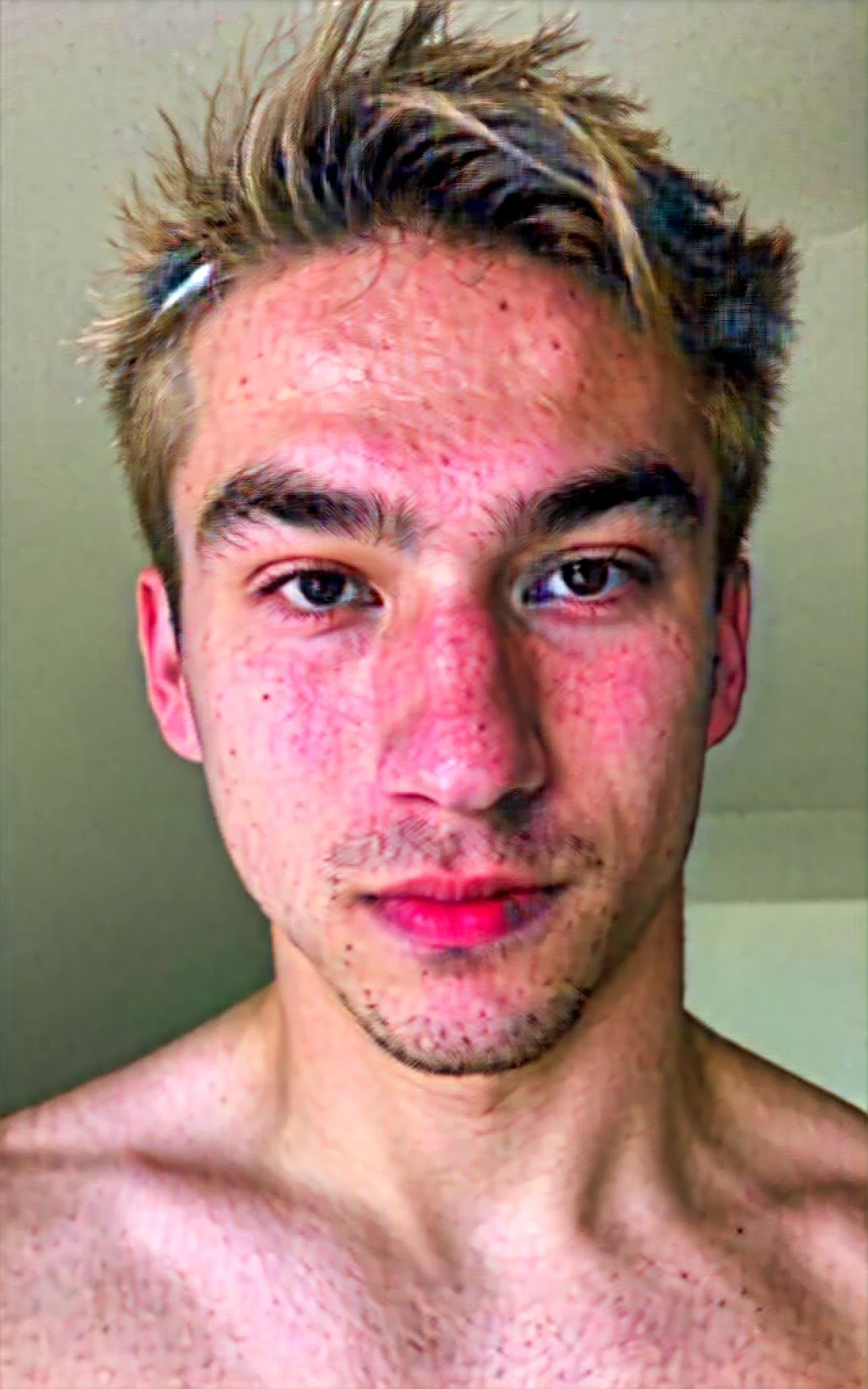 ((1 solo boy)) pale boy, blonde, asian eyes, detailed skin, blushing skin, red nose, eyelids, shirtless, hunk