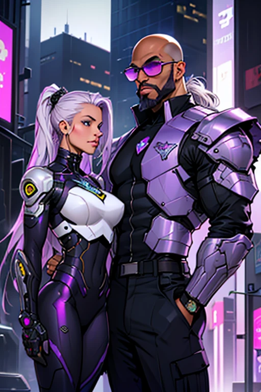 An alluring yet shy intergalactic cryptic woman (purple, white gradient long hair, indifferent, kind, cybernetic armor) posing in a cyberpunk version of New York City alongside a African American male (tall, bald headed, bearded) wearing sunglasses and a suit and tie.