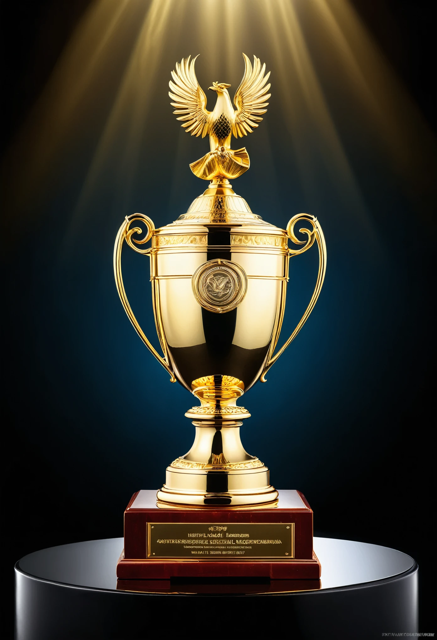 (best quality,4k,8k,highres,masterpiece:1.2),golden trophy,shimmering gold,pristine reflections,exquisite craftsmanship,engraved details,vivid colors,studio lighting,sharp focus,ultra-detailed,realistic,glowing highlights,detailed textures,finely polished surface,superb composition,fine art,trophy shining in the spotlight,pride and achievement,prestigious award,captivating spectacle,colorful celebration,decorative pedestal,gleaming symbol of victory,admiration and recognition,illustrious triumph,mesmerizing display,exemplary achievement,majestic and awe-inspiring,elaborate design,inspiring greatness,epitome of success,unmatched brilliance,awe-inspiring spectacle,exceptional craftsmanship,endless pursuit of excellence,dreams turned into reality,gleaming atop the podium,glorious moment frozen in time,unforgettable victory,unwavering dedication,unyielding passion for success,golden glory radiates brilliance,adorned with honor,forever etched in history,pinnacle of accomplishment