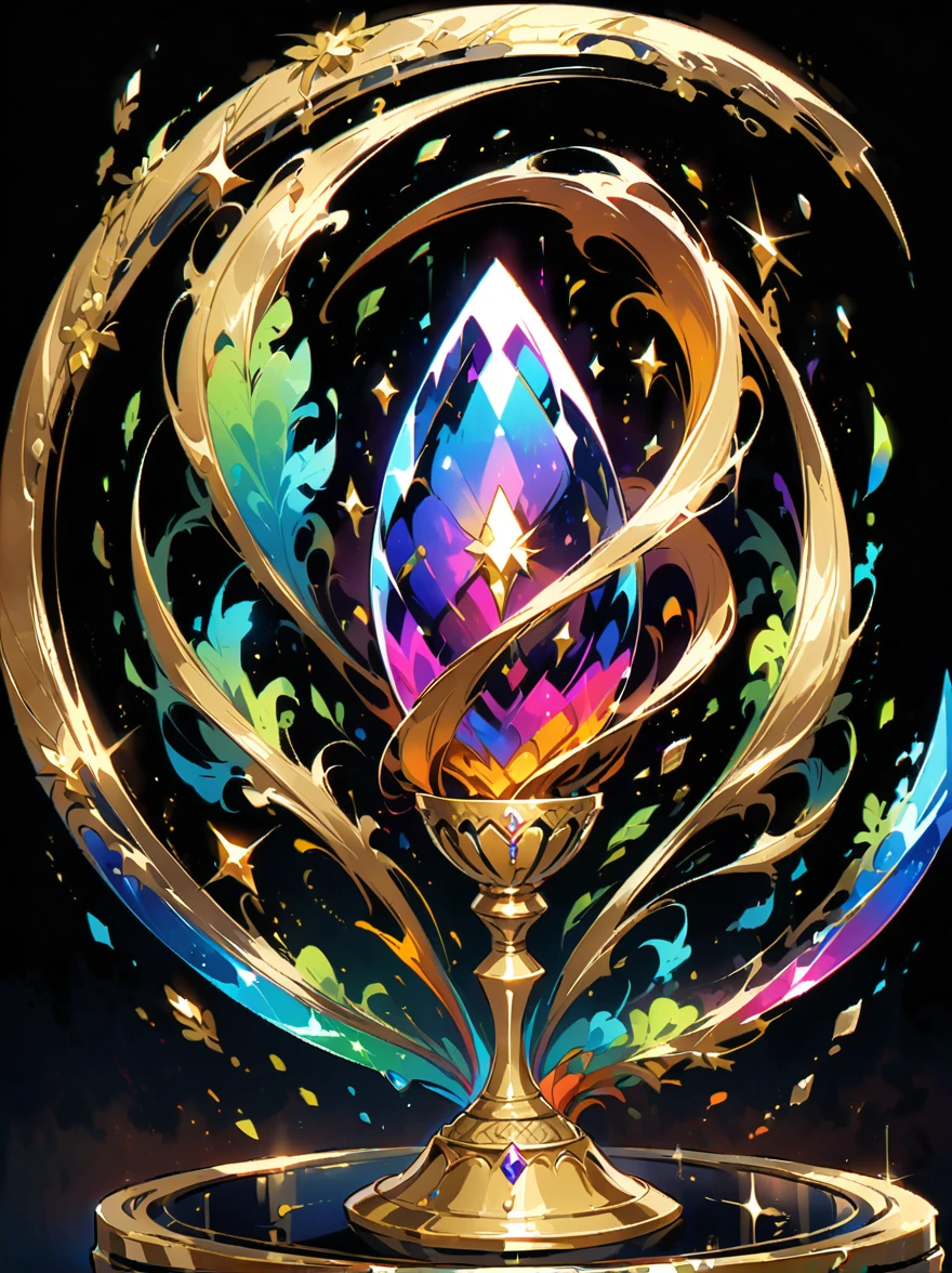 best quality, very good, 16K, Golden trophies, Shiny gold plated, Twisted, Luxurious and cool design, Displayed on a rainbow crystal base, Background translucent black room, Light Up