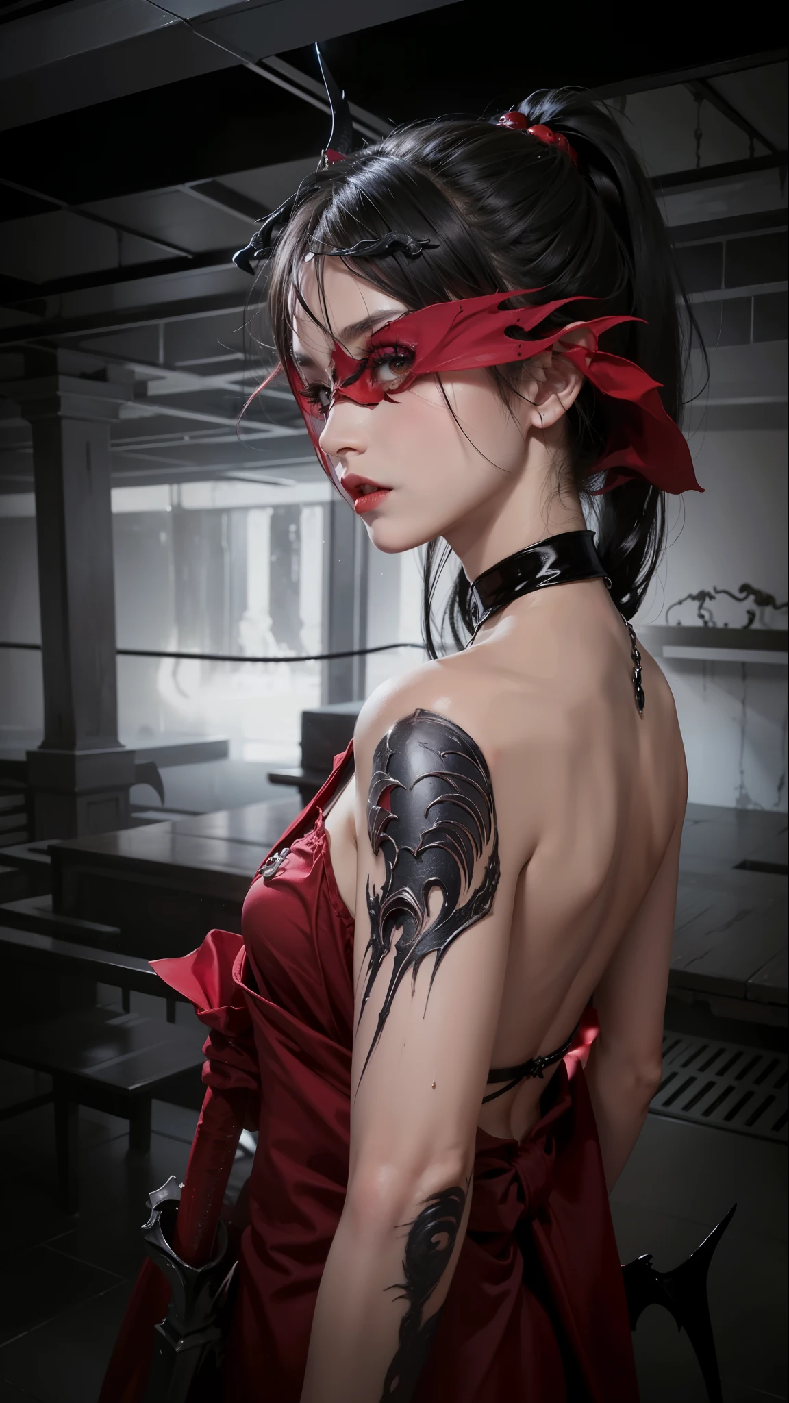 NSFW style,Delicate gloss,Box full of swords images,wing, Succubus Theme,Fallen Angel,Excellent,scary,Secret Terror,Tentacles,With eyes,Uncanny Valley Effect,Beast Blood Moon,skeleton,vampire,Hellfire,Demon Angel,Silver Jewelry,eyes like sapphires,Milky Way Eye,Wearing a red eye mask,The arm has,Standing sideways