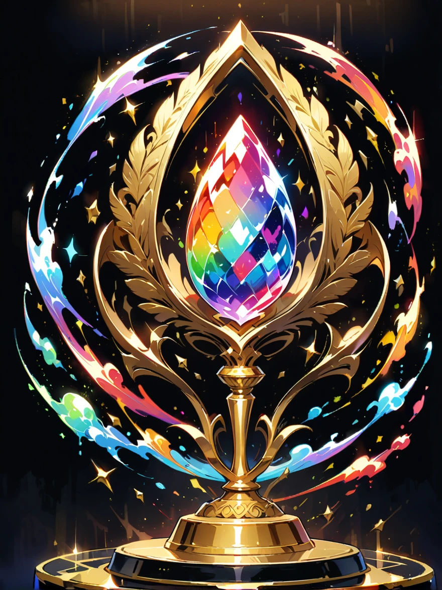 best quality, very good, 16K, Golden trophies, Shiny gold plated, Twisted, Luxurious and cool design, Displayed on a rainbow crystal base, Background translucent black room, Light Up